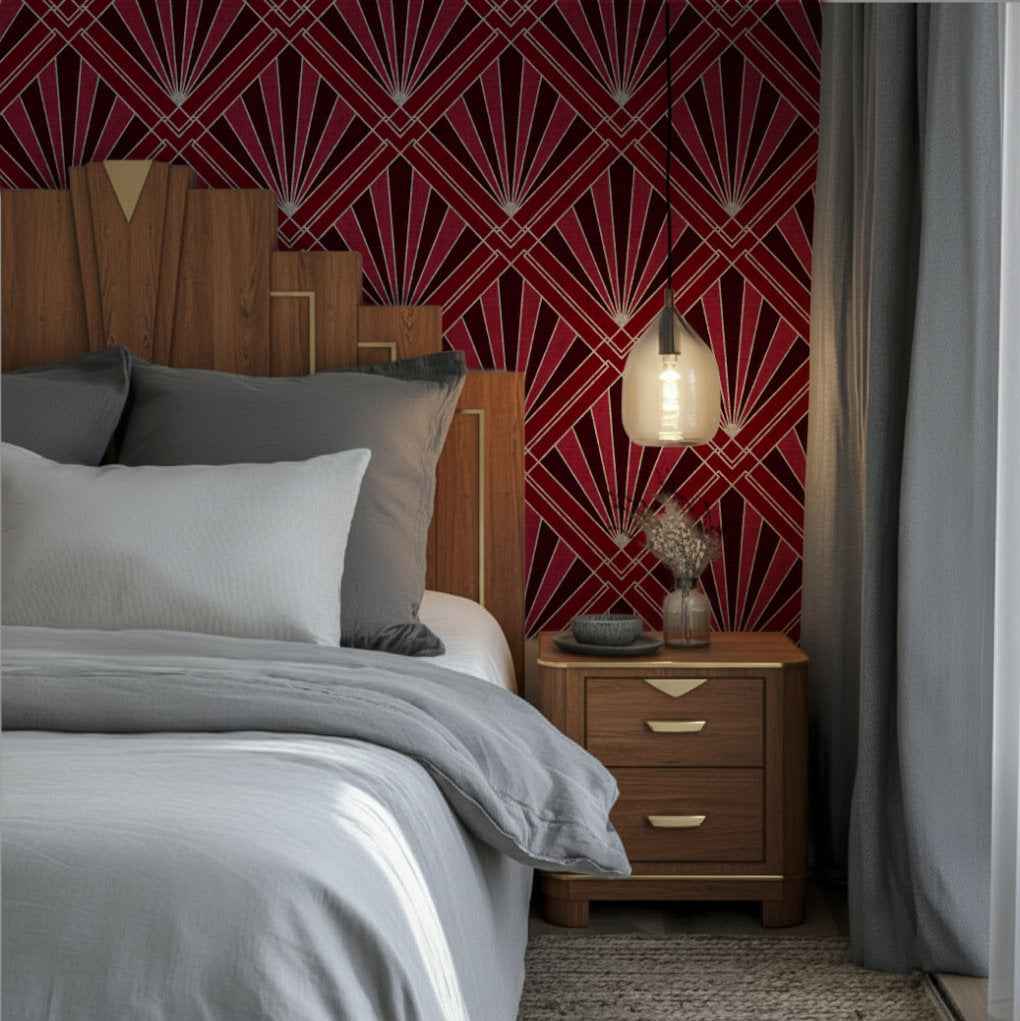 Art Deco Sunburst Diamond Wallpaper | Silver Geometric Design in Four Colours