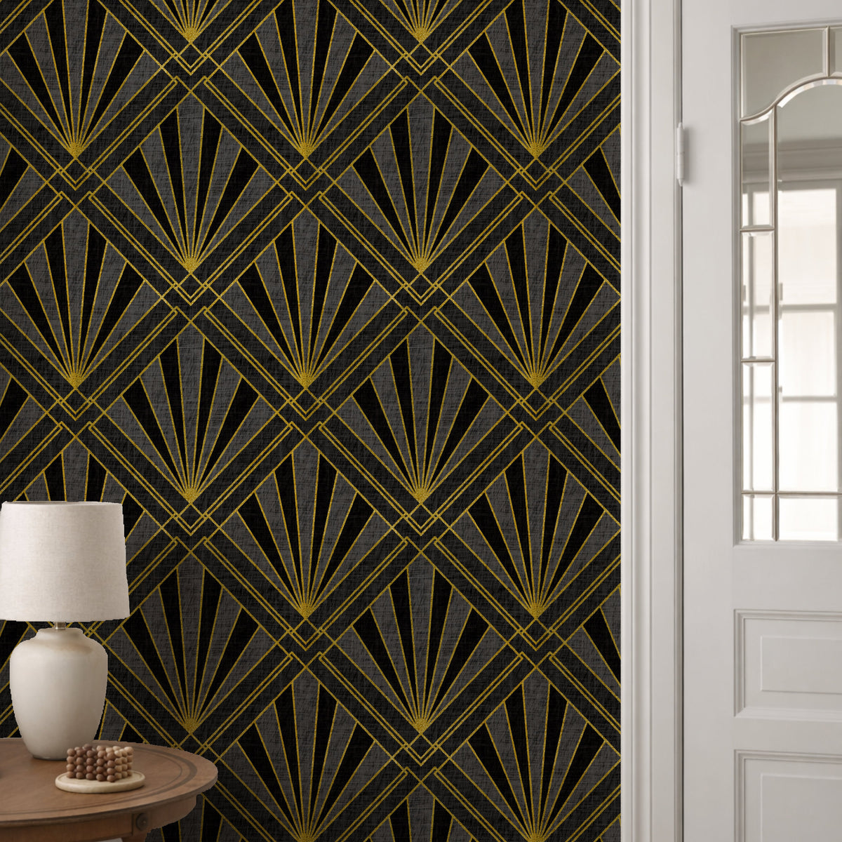 Black and gold Art Deco wallpaper in hallway or bedroom with white door