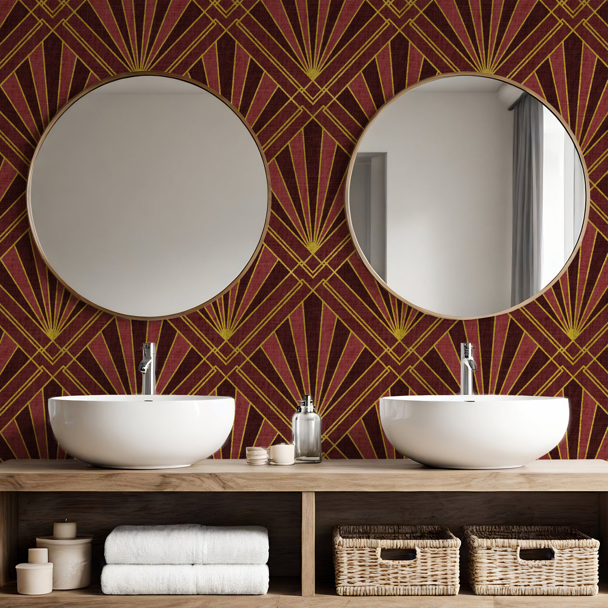 Art Deco wallpaper in deep burgundy and gold geometric sunburst pattern in bathroom