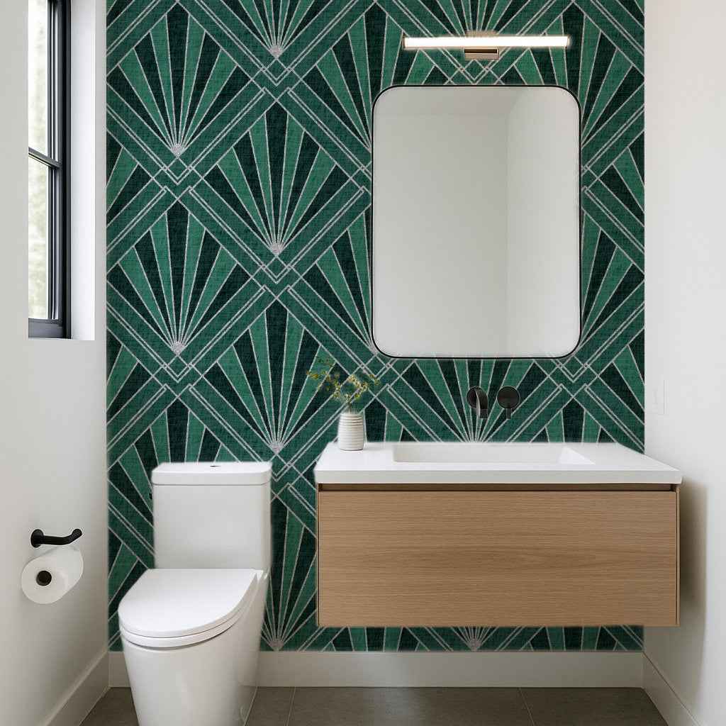 Art Deco Sunburst Diamond Wallpaper | Silver Geometric Design in Four Colours