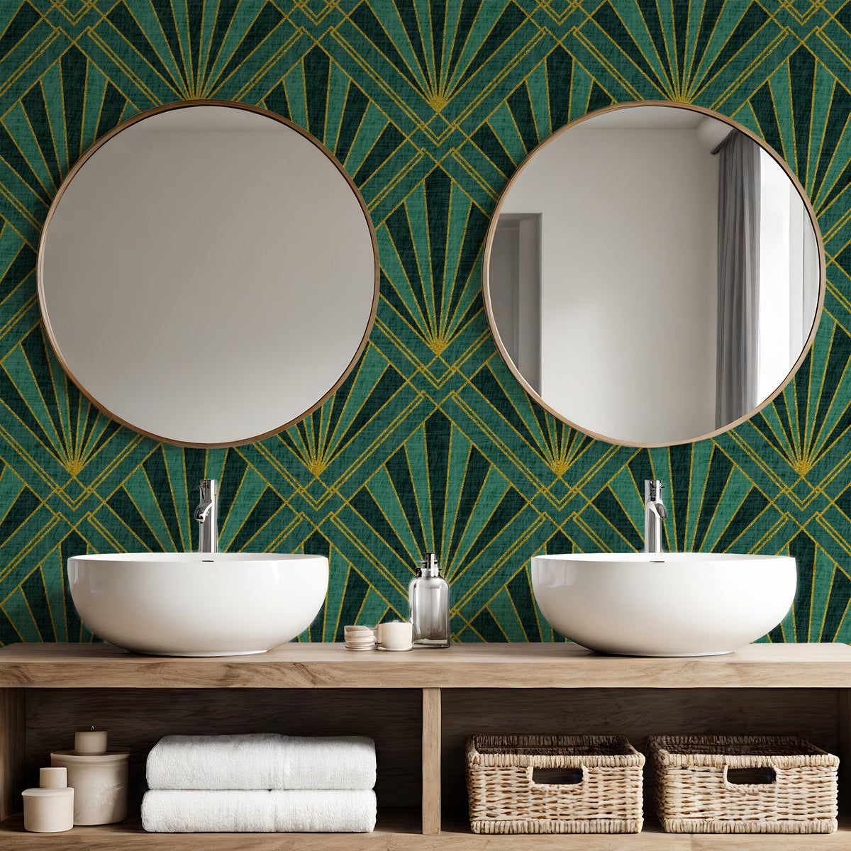 Art Deco wallpaper in emerald green and gold geometric sunburst pattern in bathroom