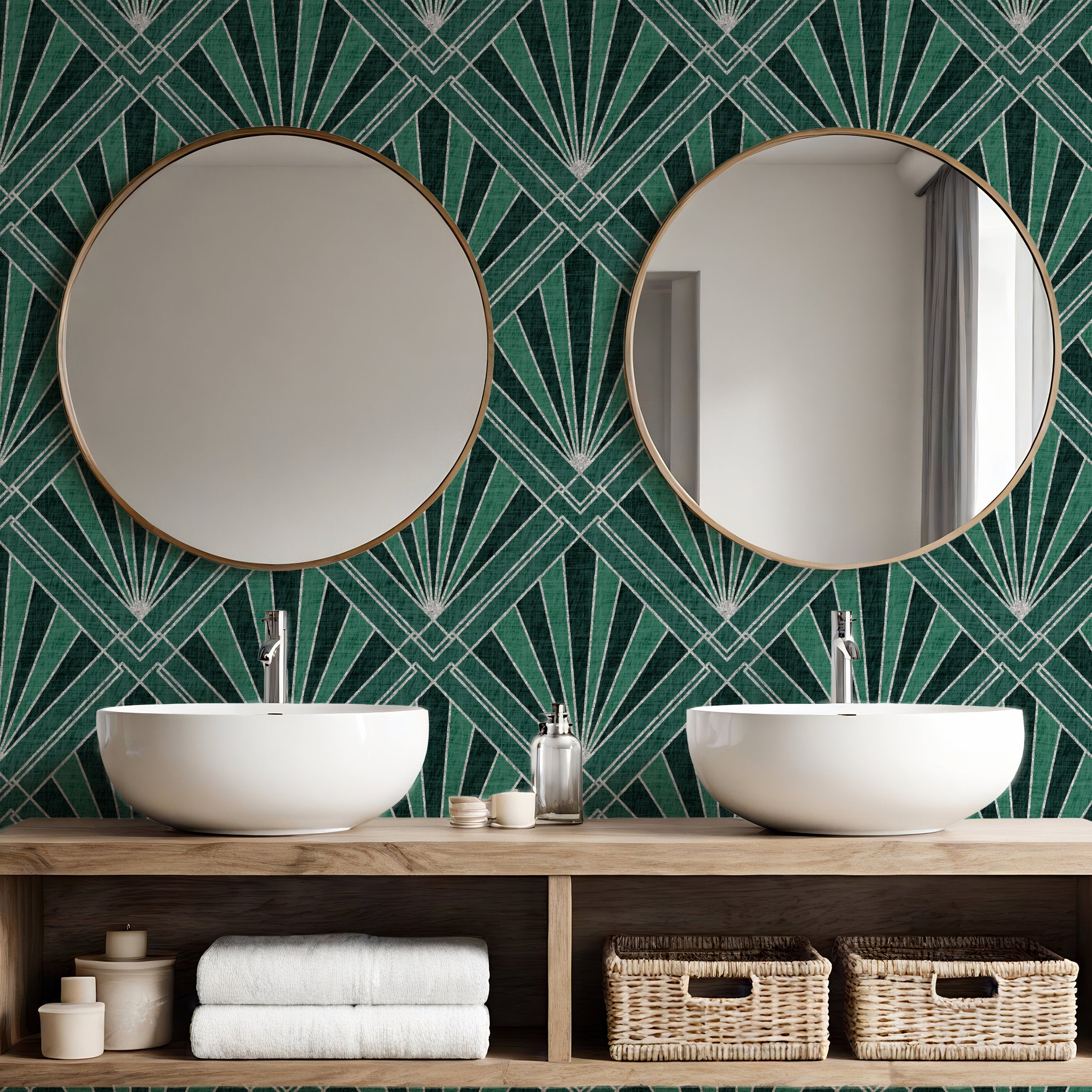 Geometric sunburst wallpaper with green background and silver fan-diamond pattern