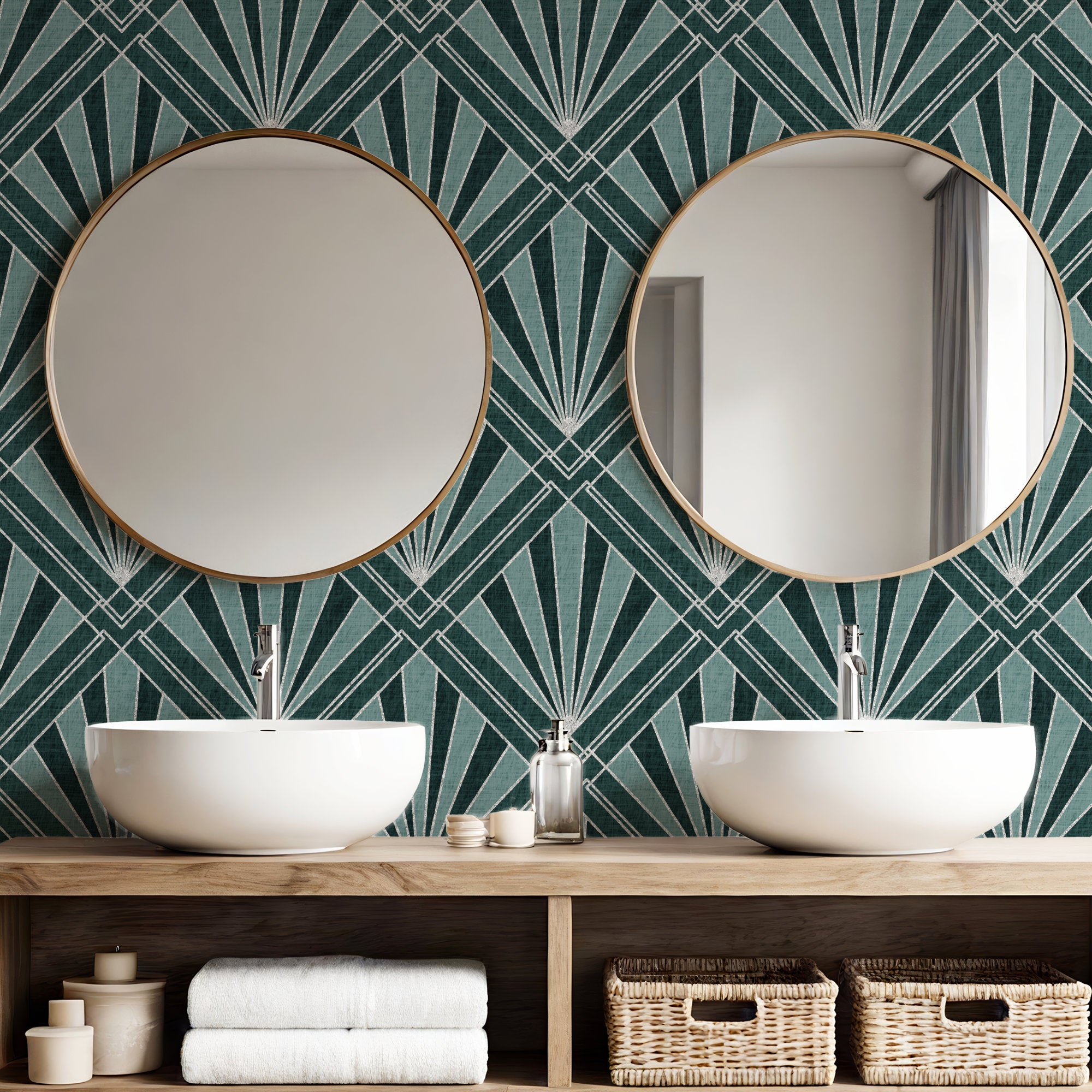 Geometric sunburst wallpaper with teal background and silver fan-diamond pattern