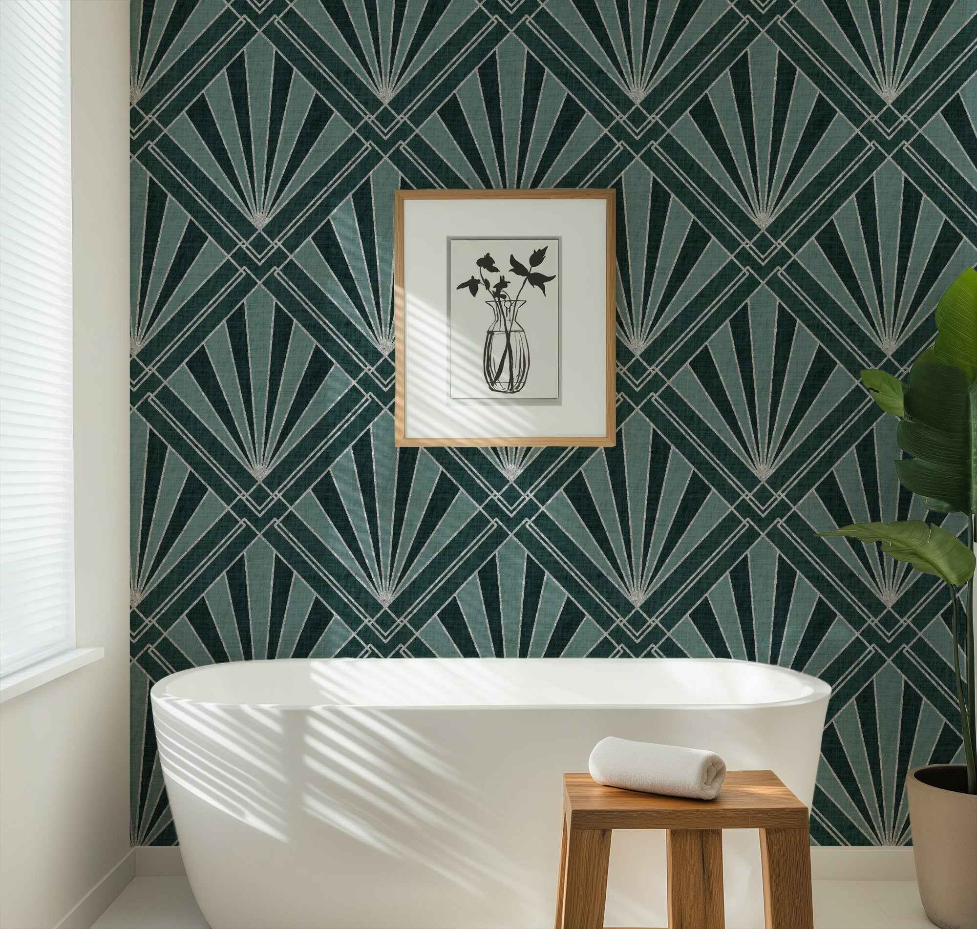 Art Deco Sunburst Diamond Wallpaper | Silver Geometric Design in Four Colours