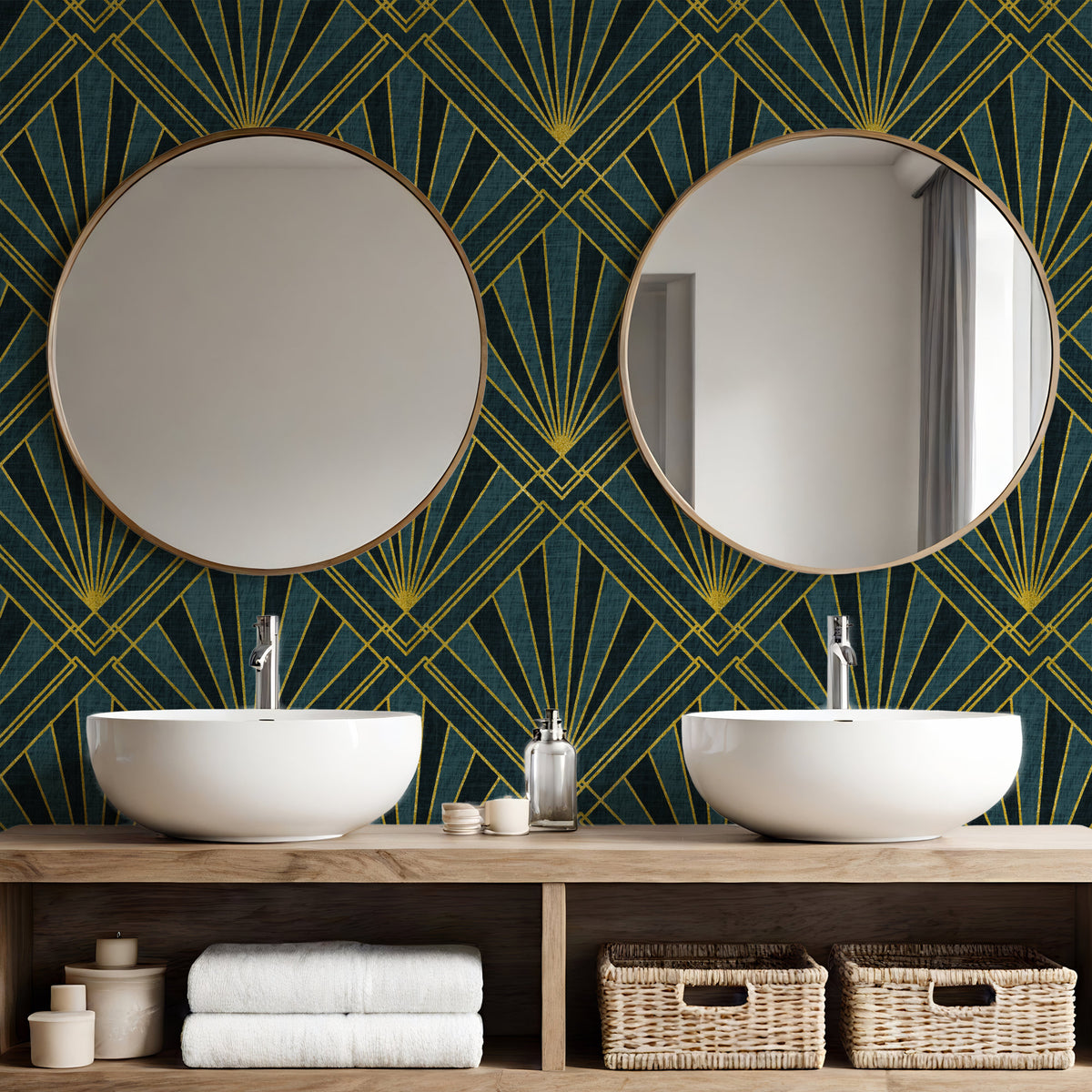Art Deco wallpaper in deep teal and gold geometric sunburst pattern in bathroom