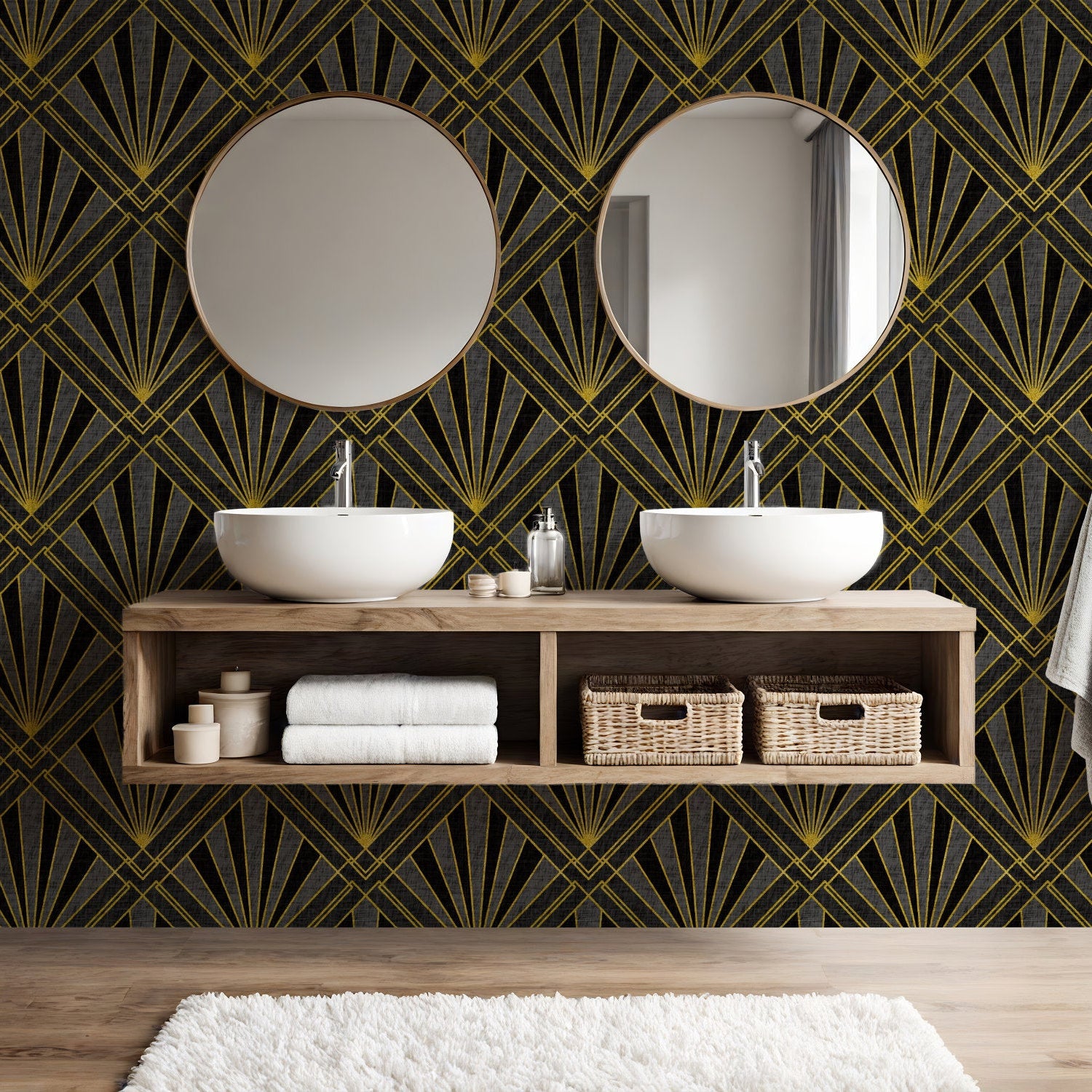 Geometric art deco wallpaper with gold sunburst lines and diamond crosshatch on dark background