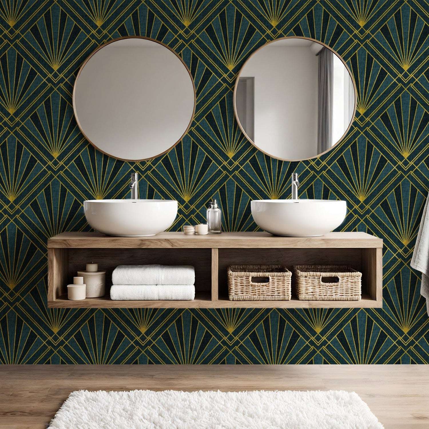 Art deco wallpaper wall featuring gold sunburst rays and diamond lattice geometry on dark base