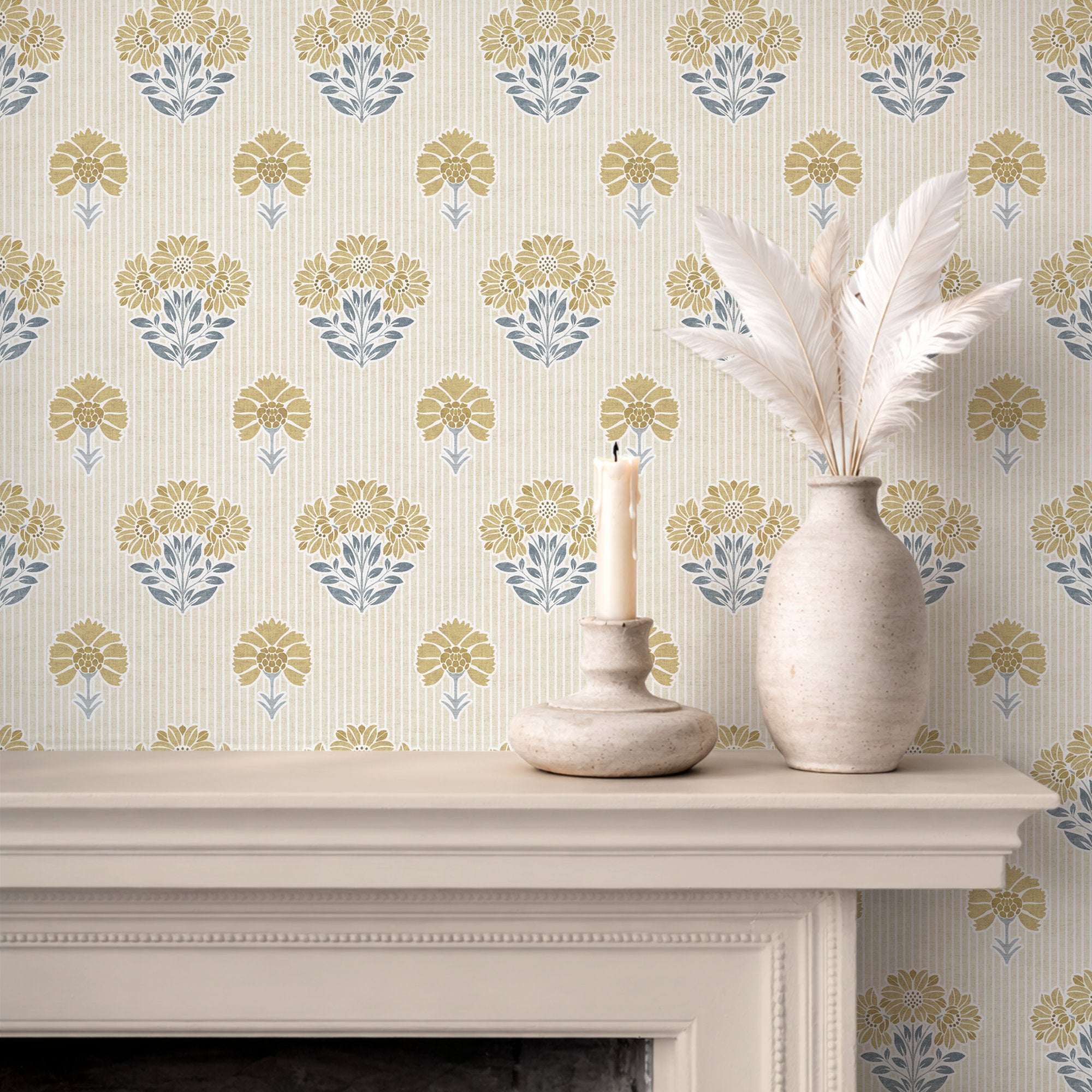 Floral wallpaper with repeating yellow and blue cottage flower pattern on cream stripes