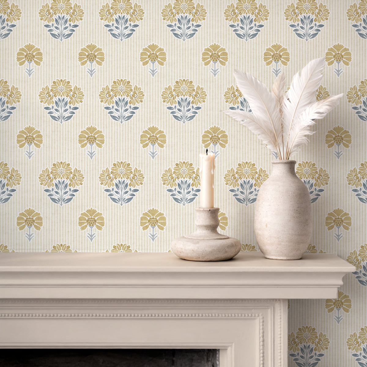 Vintage floral wallpaper in Ochre and Slate Blue on fireplace wall with neutral cottage decor