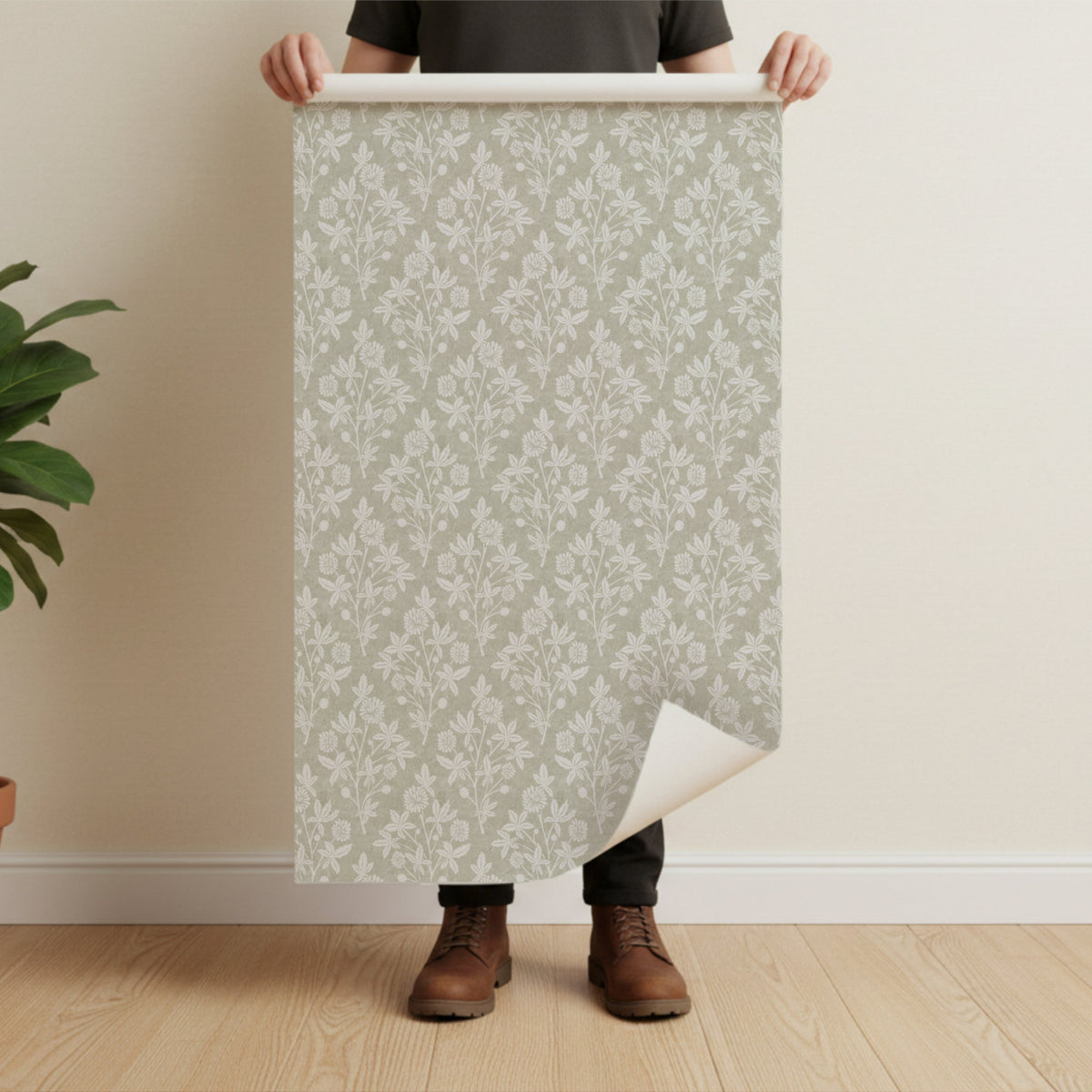 Person holding a large roll of green block print floral wallpaper in a geometric diamond patterned wallpaper against a plain wall.