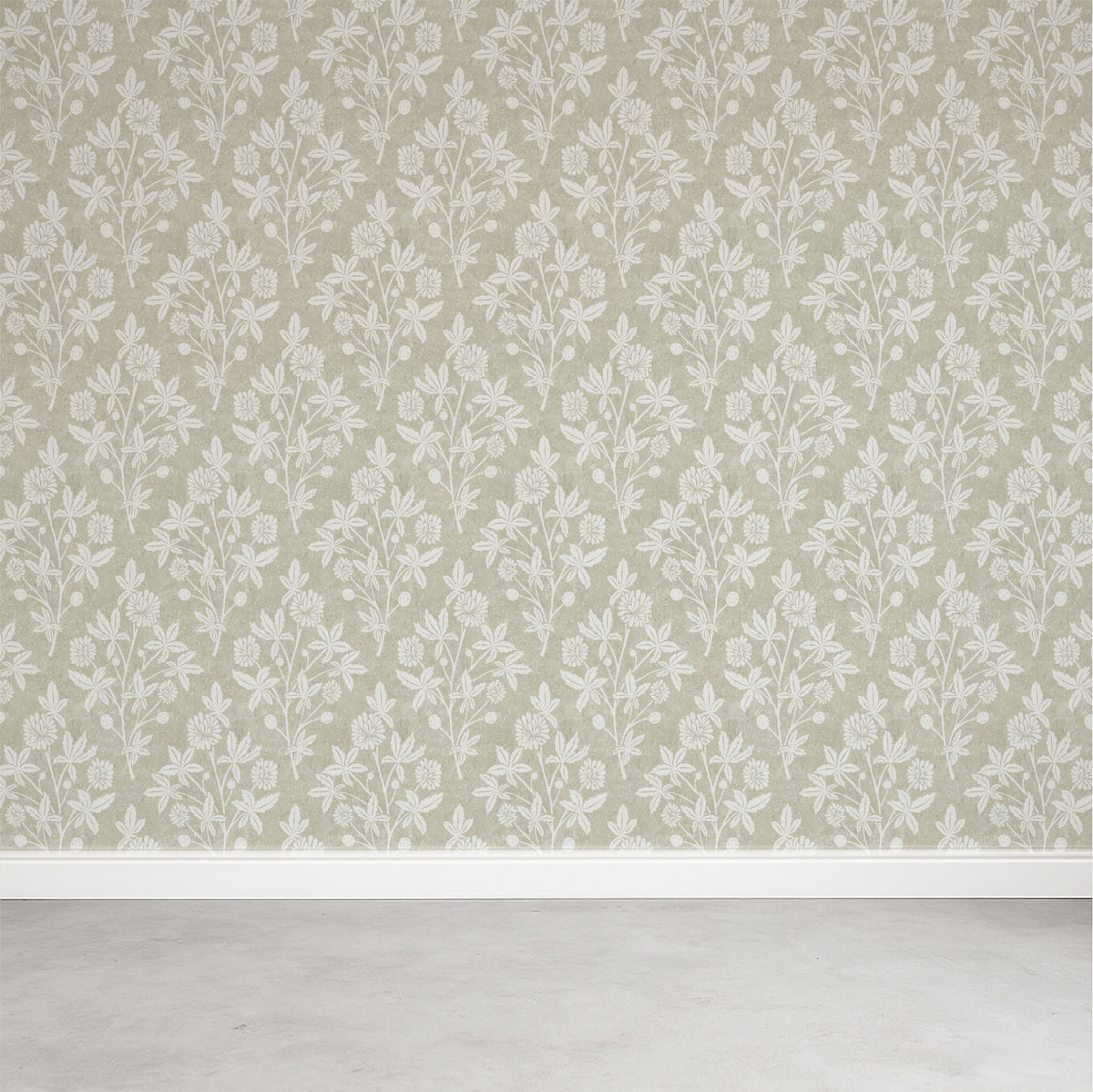 Wallpaper with block print floral diamond pattern on a neutral background