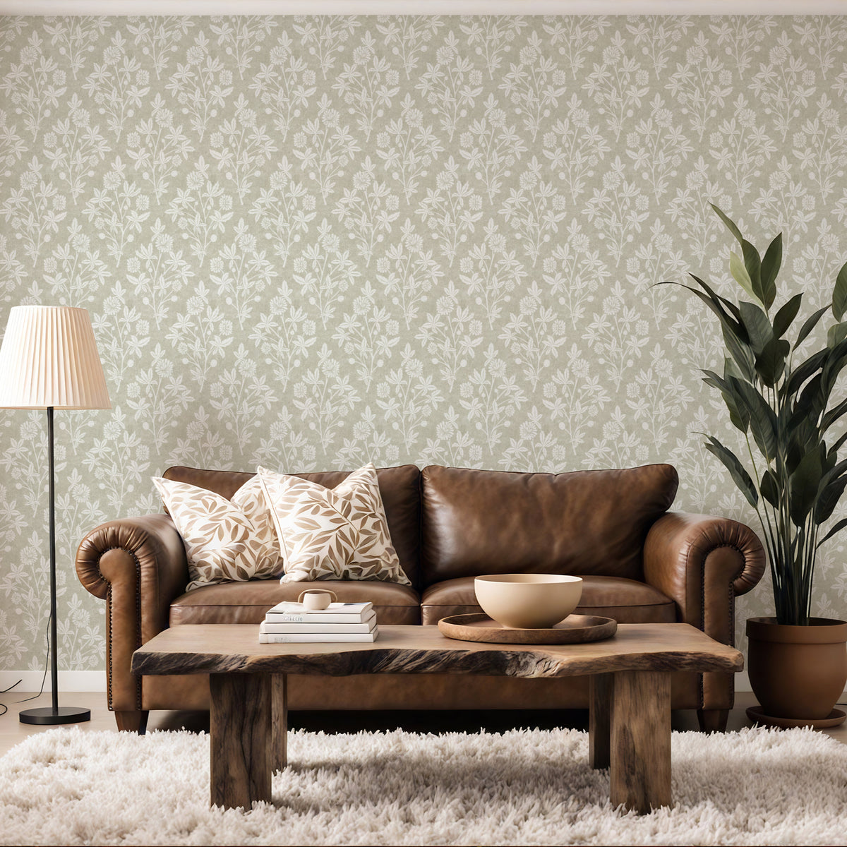 Living room with green block printed floral wallpaper. brown leather sofa, wooden coffee table, and decorative items.