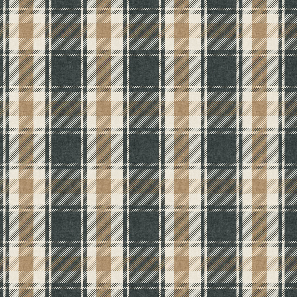 Close-up rustic plaid wallpaper pattern in cream, tan, and dark navy with thin lines