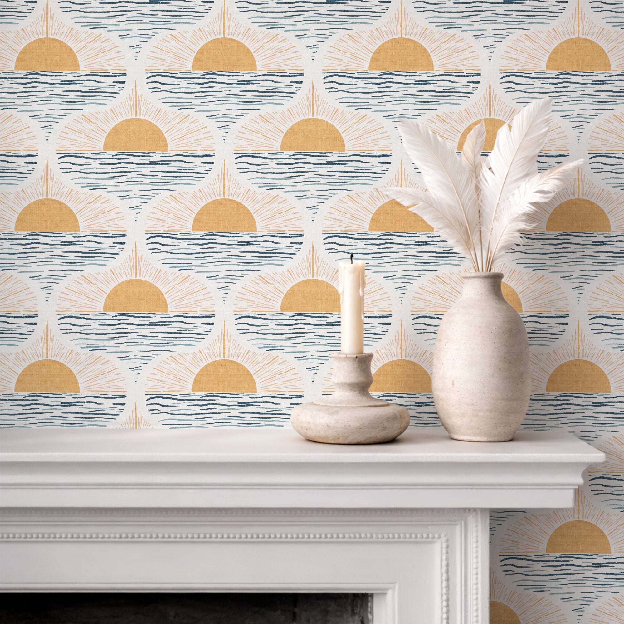 Sun and sea wallpaper: cream ground with blue wave bands and golden sunrise circles