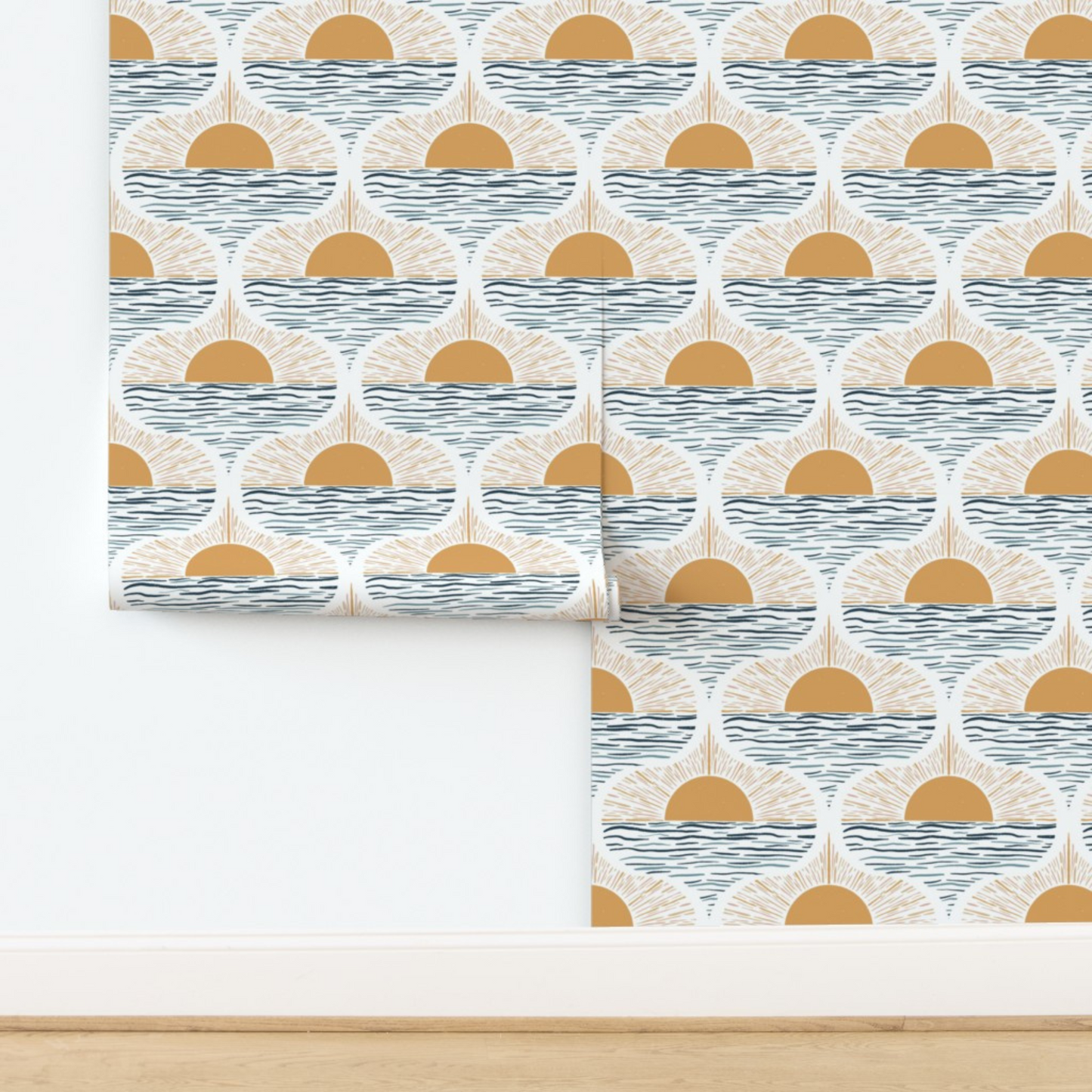 Sample swatch of boho coastal sunrise wallpaper in yellow and blue – ocean-inspired wall design