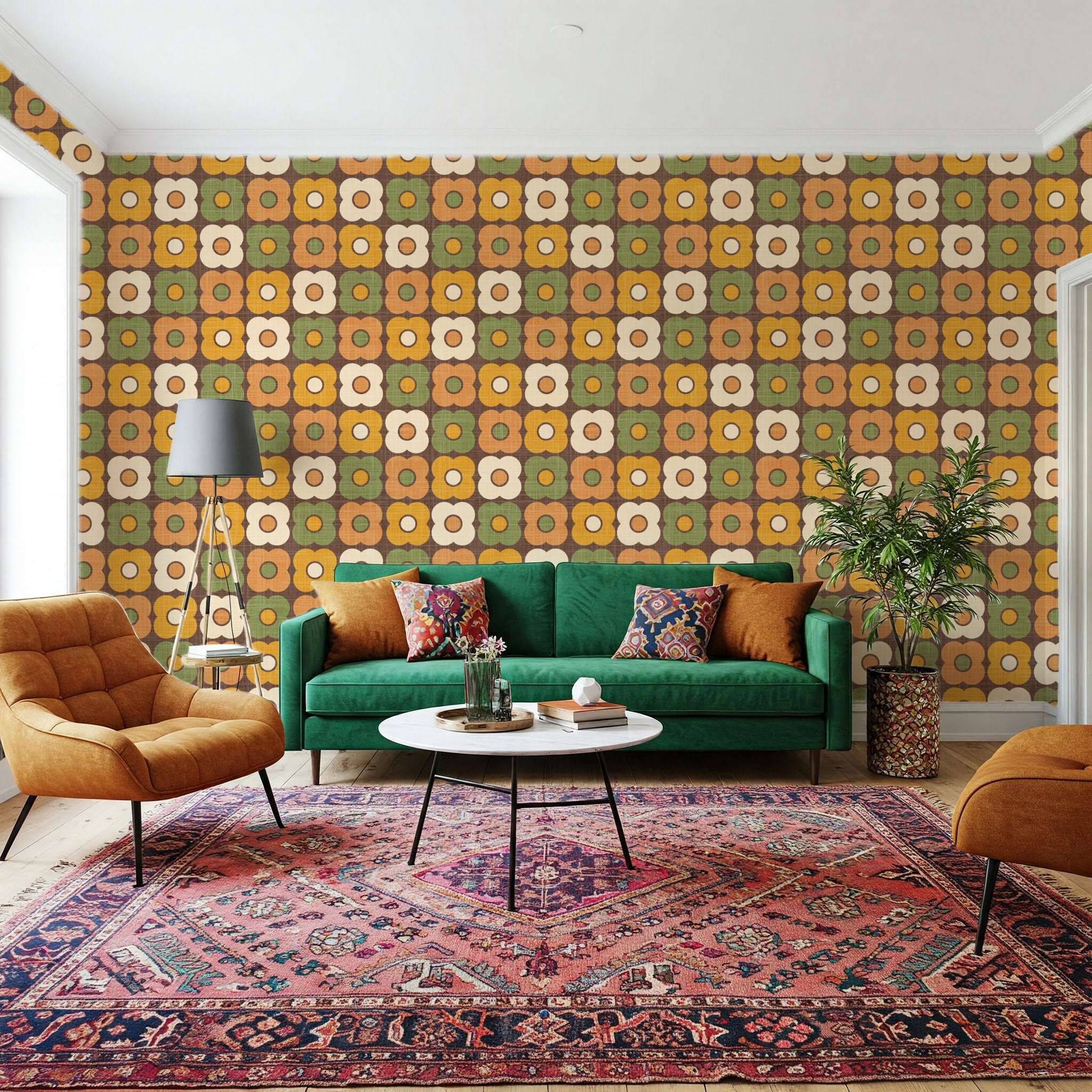 Retro daisy circle pattern wallpaper covering walls in green, orange and cream with dark outlines.