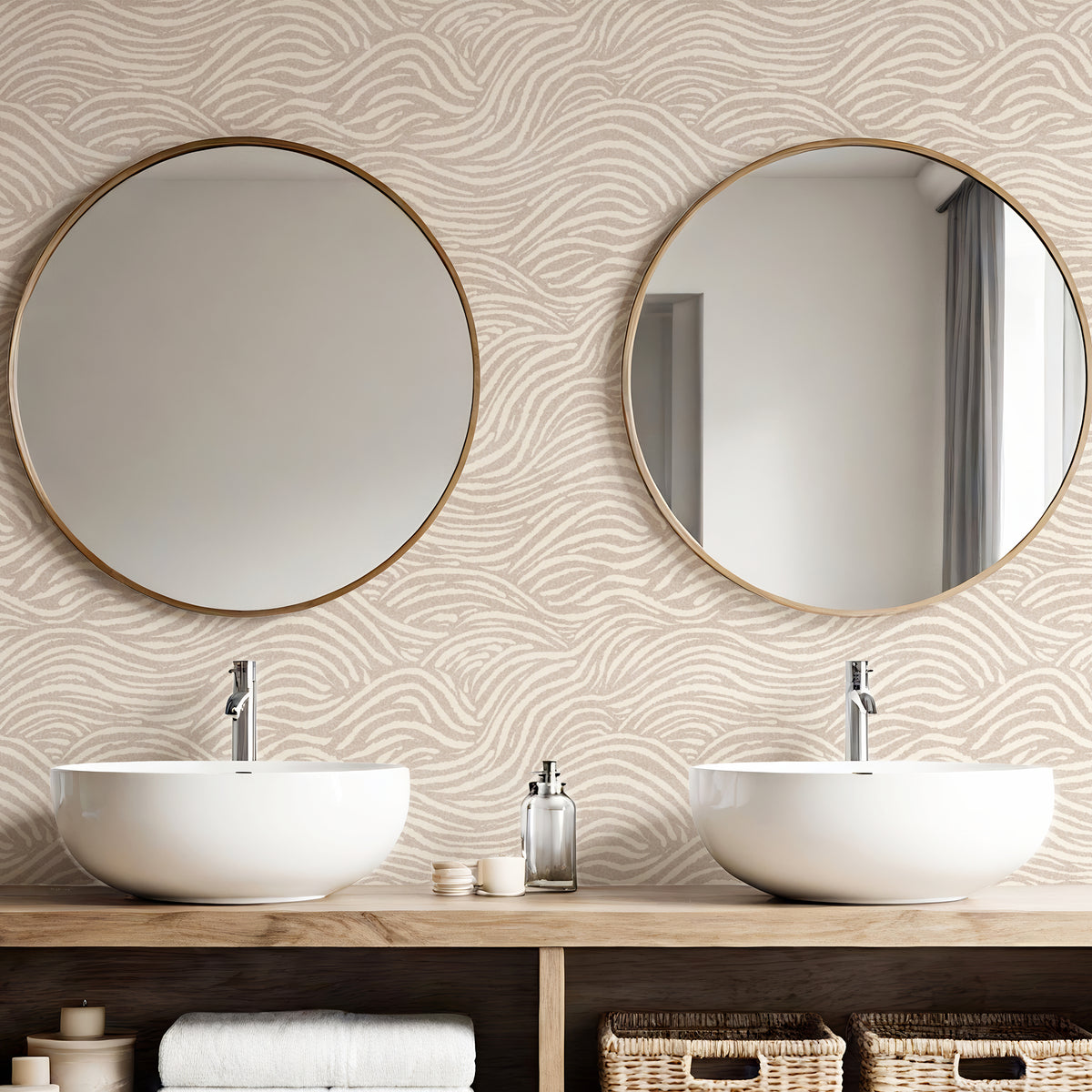 Beige coastal waves wallpaper in bathroom with round mirrors