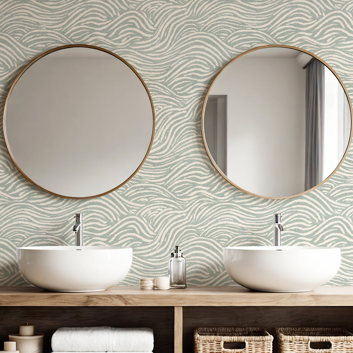 Green coastal waves wallpaper in bathroom with round mirrors