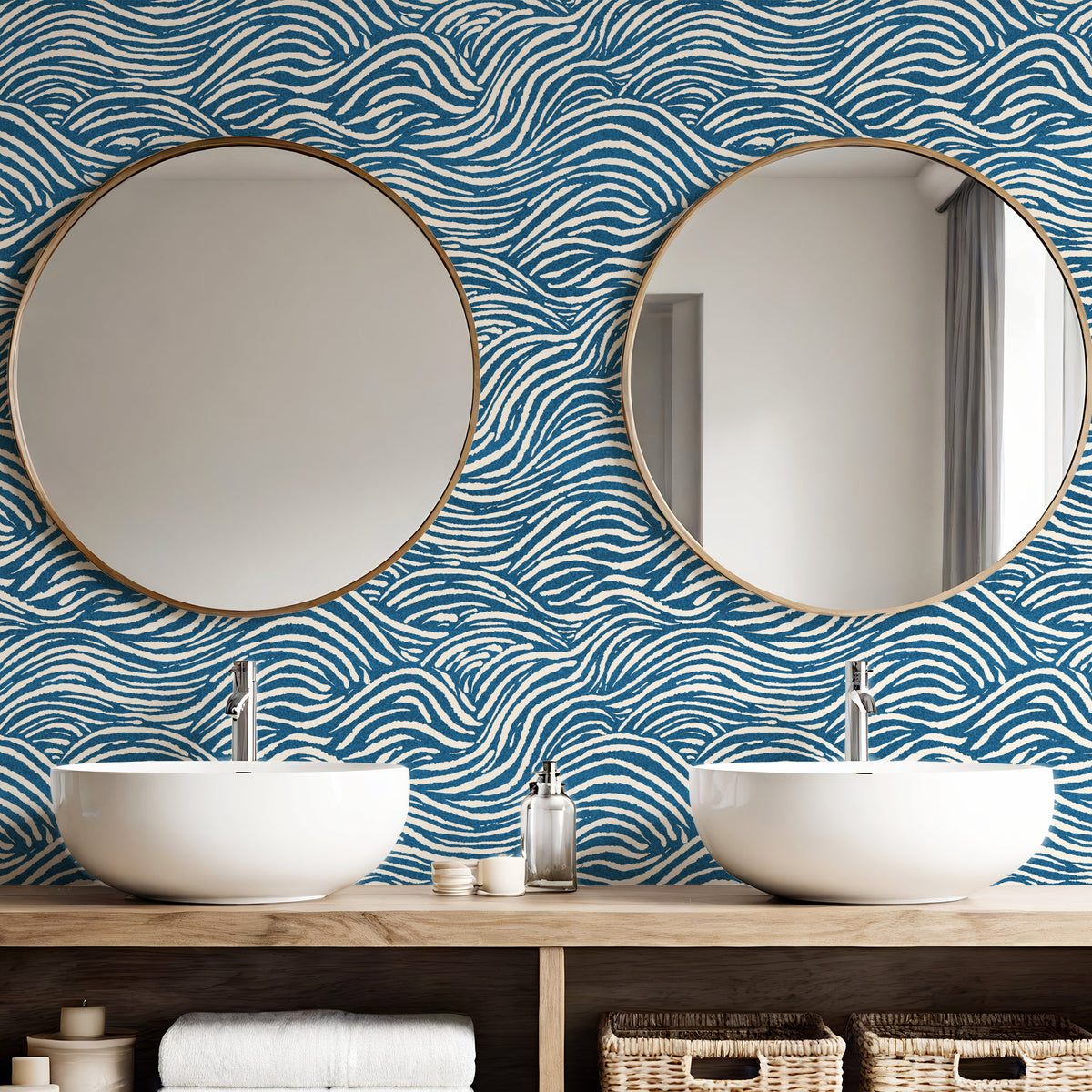 Dark Blue coastal wallpaper in bathroom with round mirrors and white basins