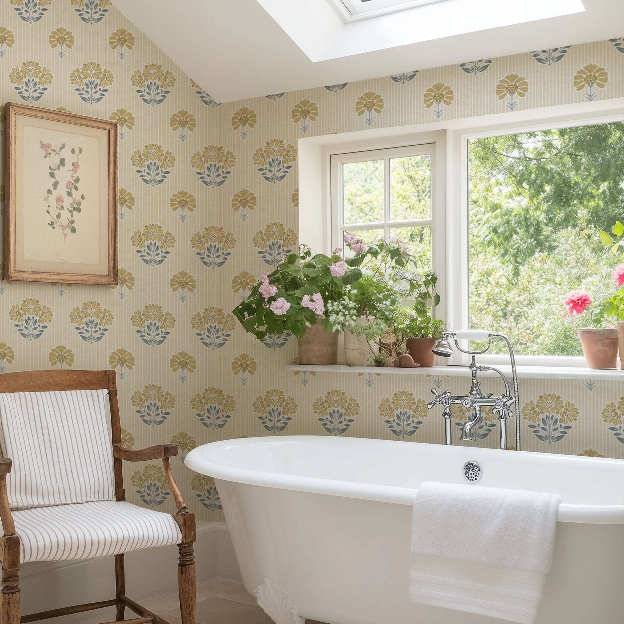 Vintage floral wallpaper with repeating yellow and blue leaf-and-flower pattern on light ground