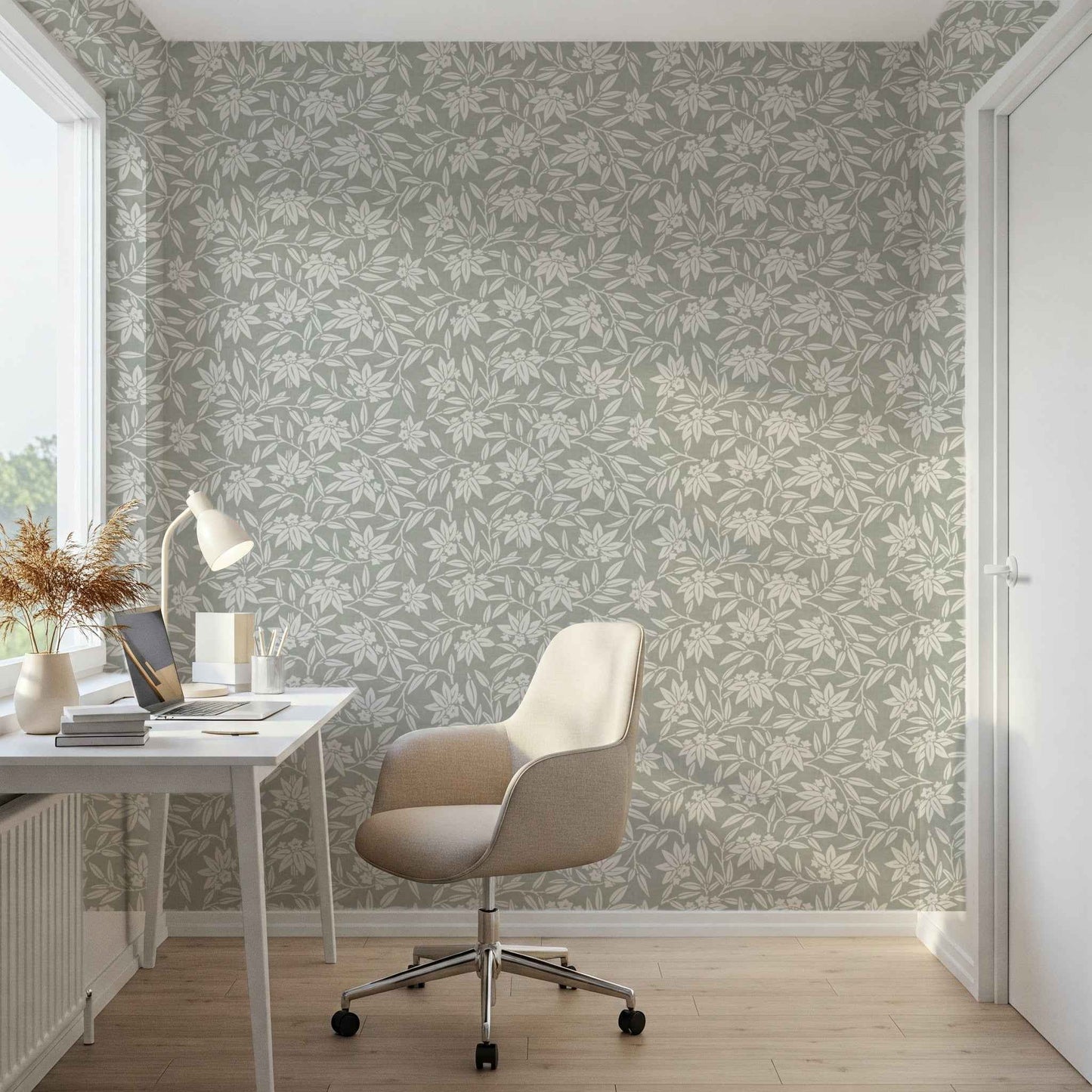 Japandi Botanical Wallpaper: Scandinavian Minimalist Floral Design in Taupe, Pink, Blue, Grey, Neutral, or Green