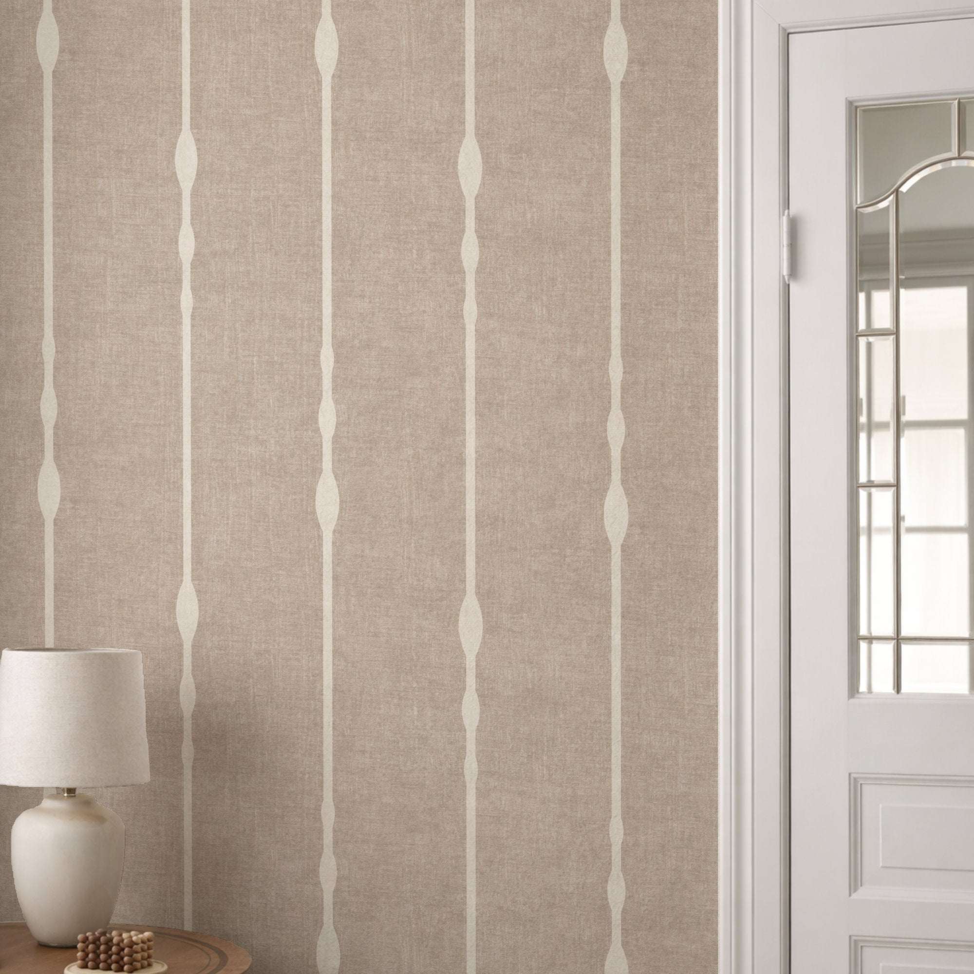Vertical striped wallpaper with beaded motif on beige ground and pale vertical stripes