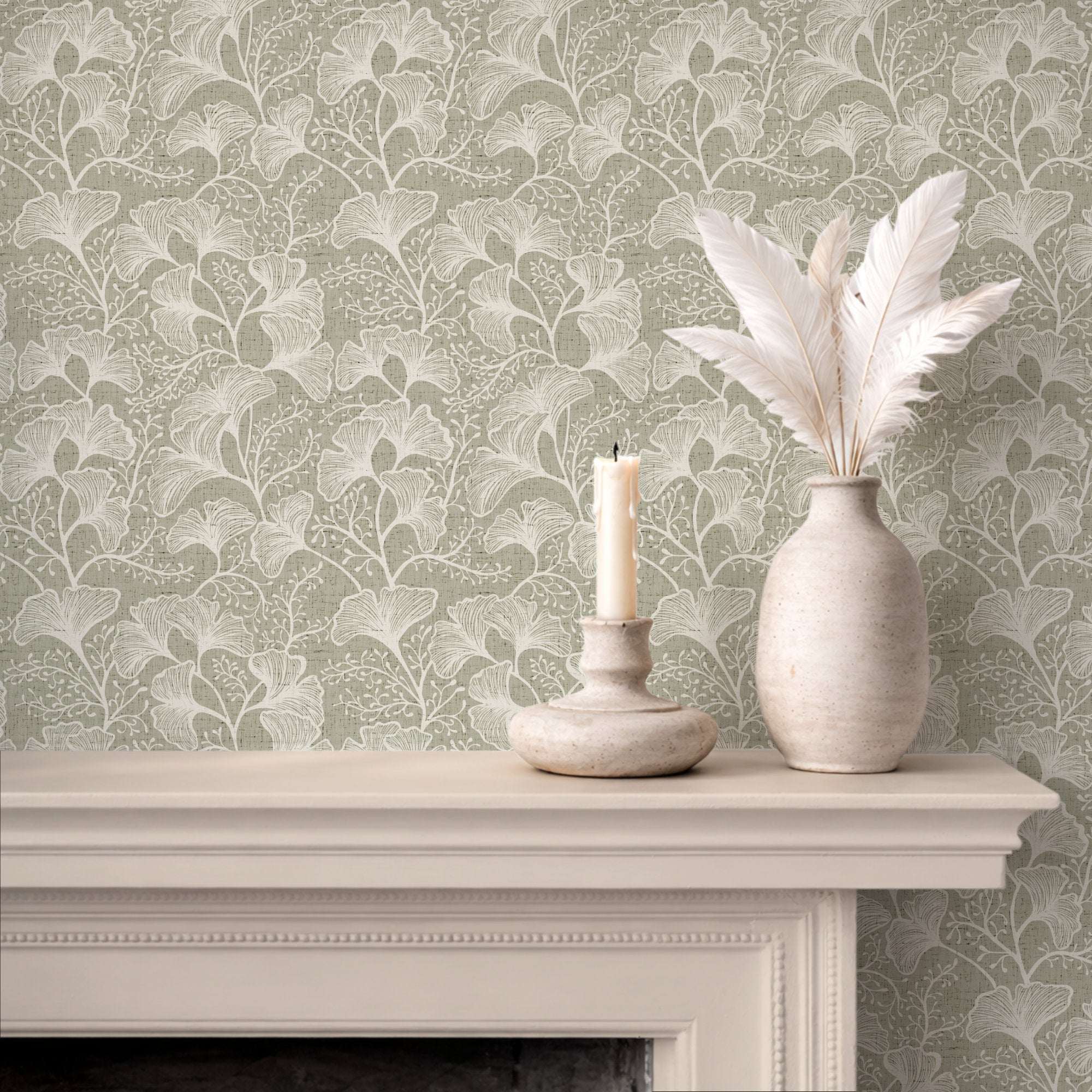 Light grey ginkgo leaf wallpaper with white botanical repeat pattern.