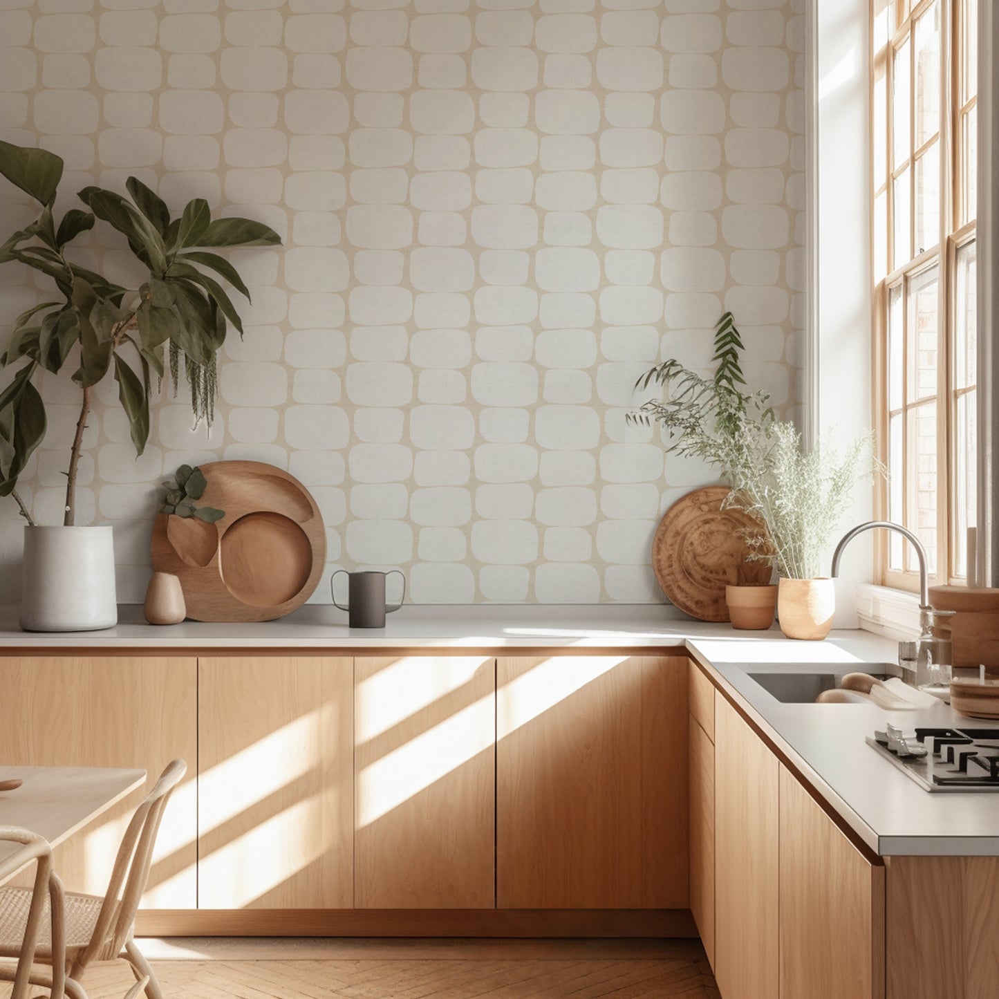 Modern wallpaper pattern in a kitchen with wooden cabinets, white countertops, and decorative plants.