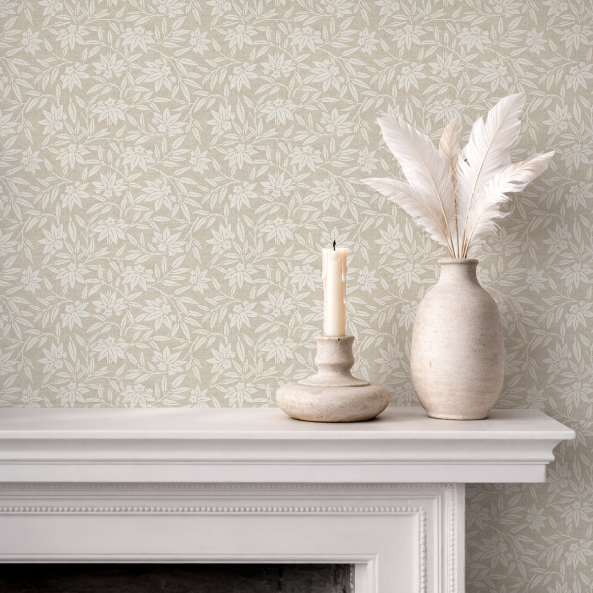 Japandi botanical wallpaper in neutral off-white on fireplace wall with neutral decor