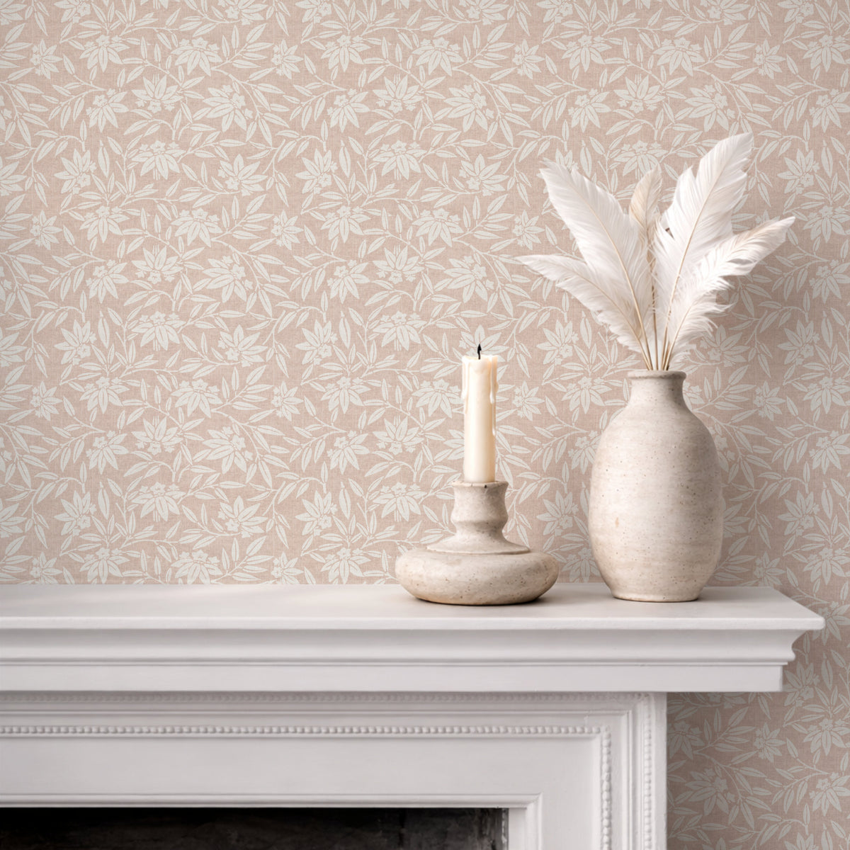 Japandi botanical wallpaper in dusty pink on fireplace wall with neutral decor
