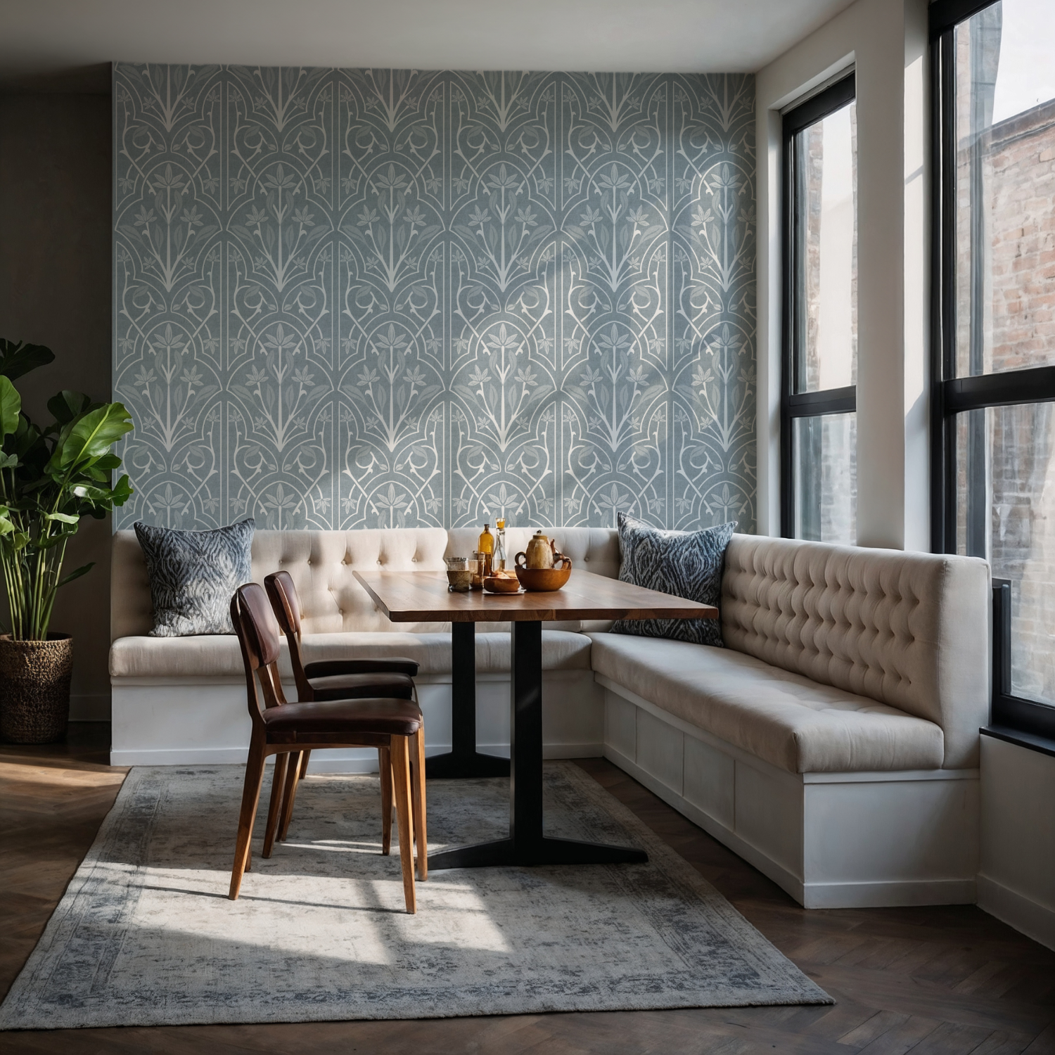 Blue Art Nouveau Trellis Floral Wallpaper – calming grey-blue design styled in a modern kitchen diner