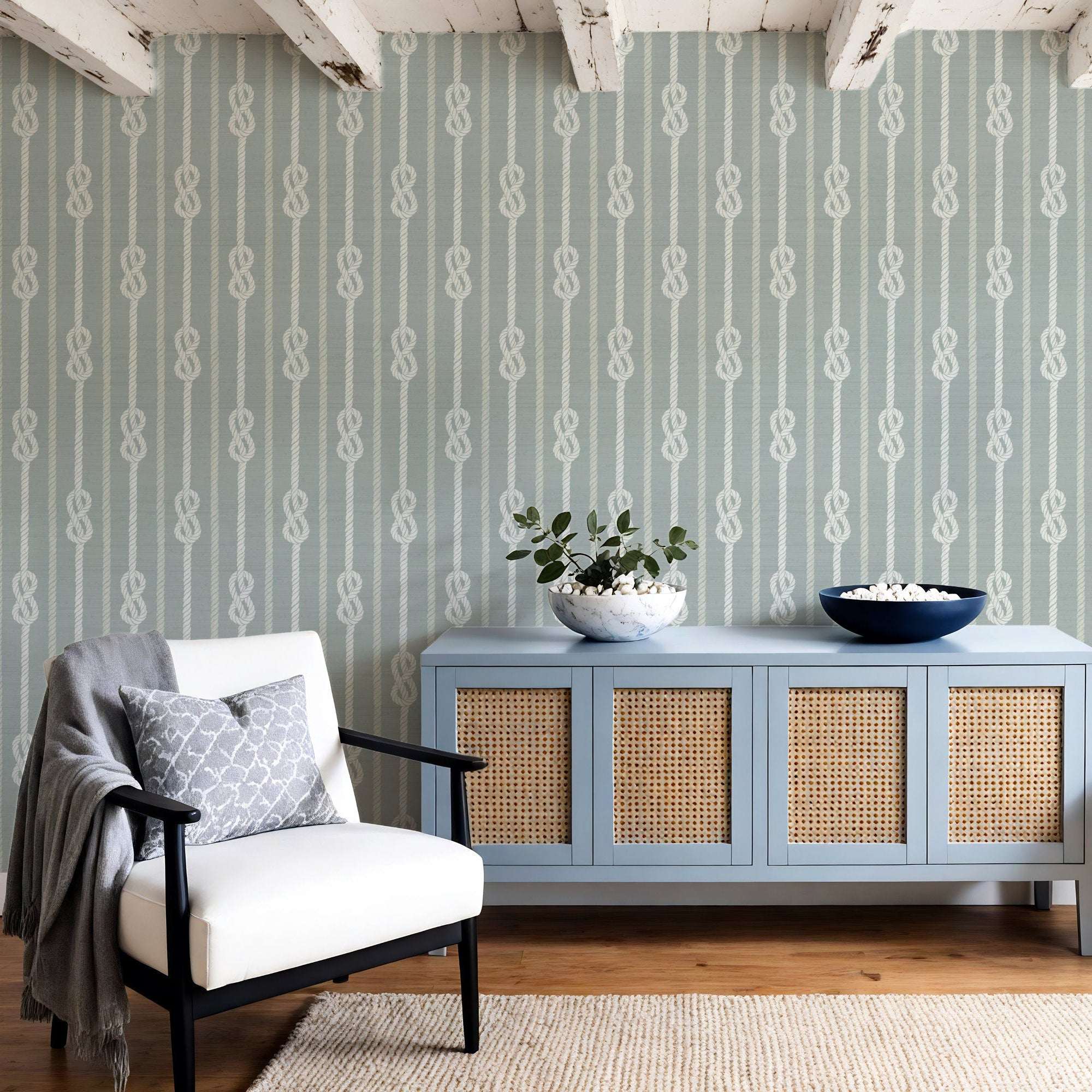 Nautical knot rope stripe wallpaper on light blue with repeating white rope knot icons