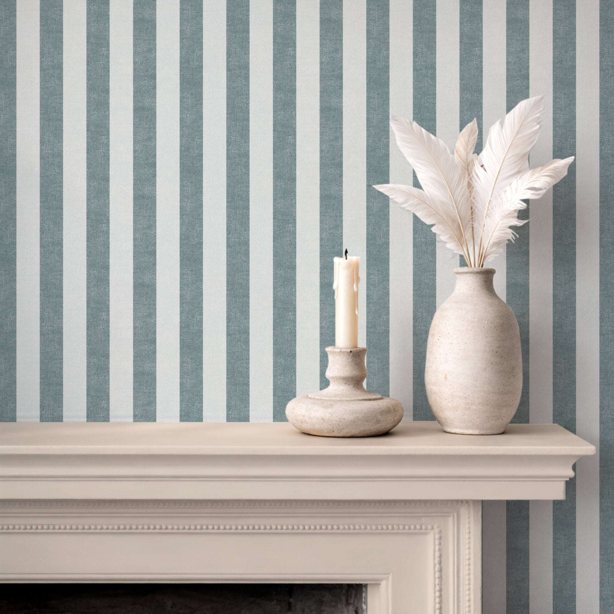 Textured extra-wide vertical stripe wallpaper in blue-green and cream