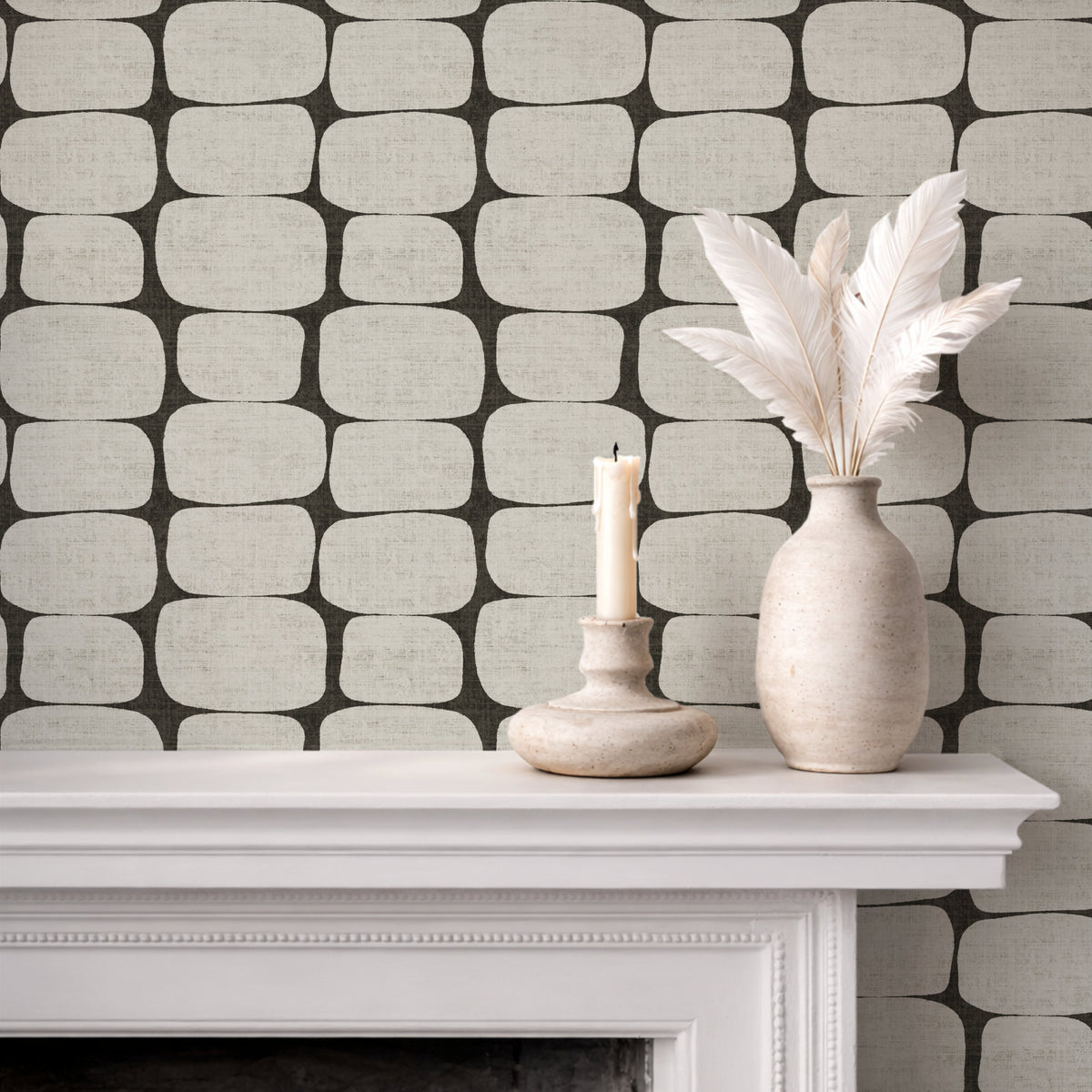 Mid-century modern wallpaper in black on feature wall in living room