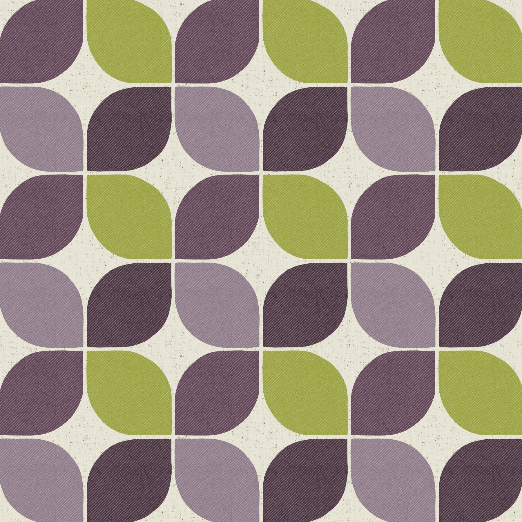 A top-down flat lay featuring a sample of the plum and wabisabi green geometric wallpaper. The sample is styled with interior design elements to show how the MCM colours coordinate with modern textures.