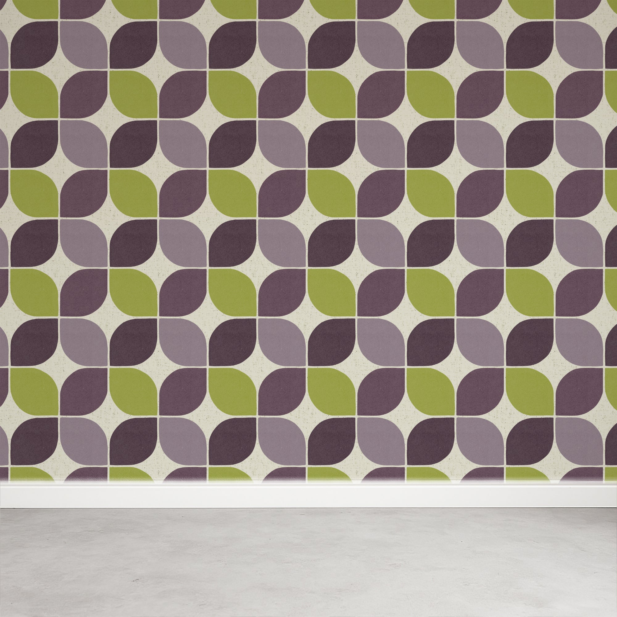 A full-length view of the 1950s retro square wallpaper applied to a plain wall. The image shows several vertical panels, illustrating how the straight match geometric repeat aligns seamlessly from floor to ceiling.