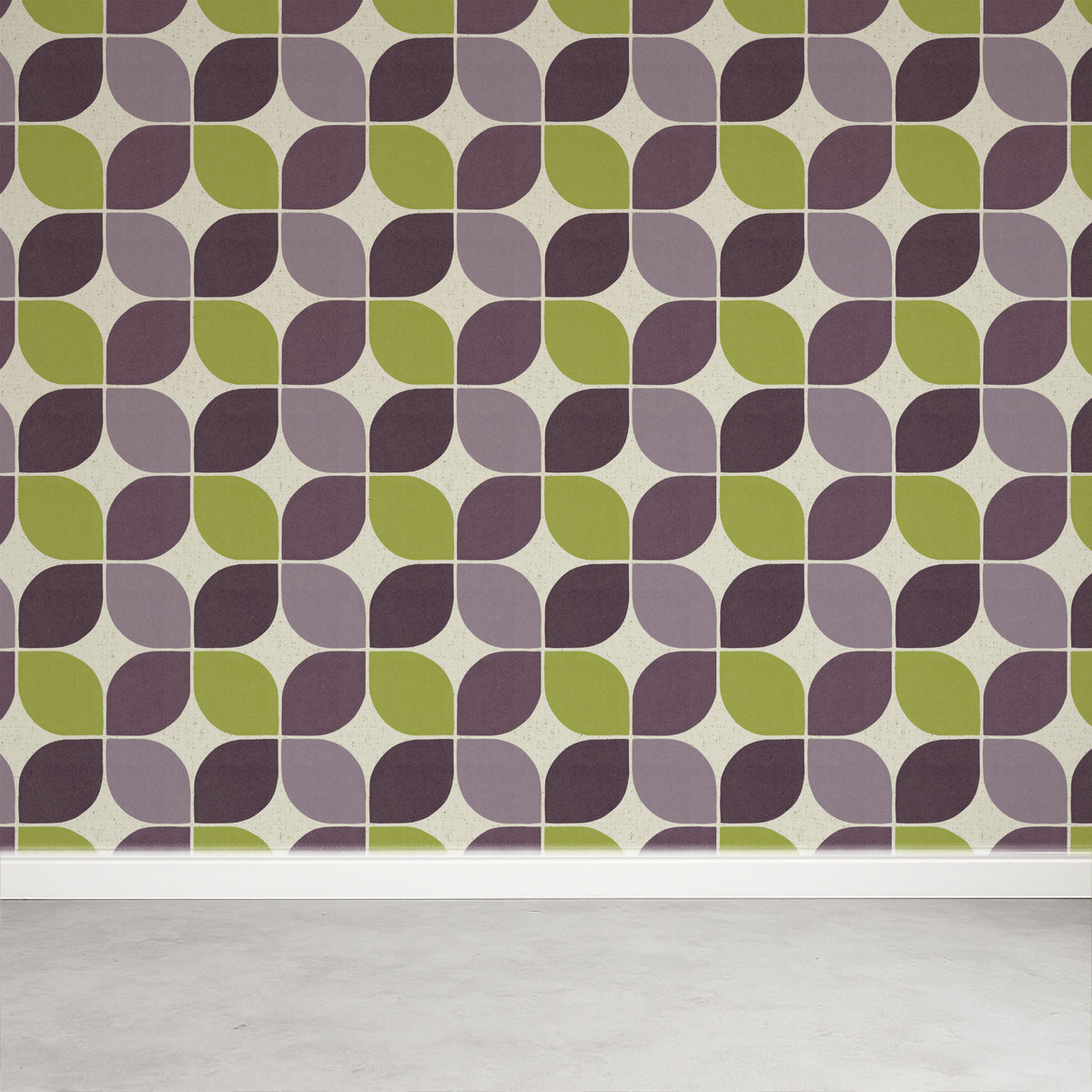 A full-length view of the 1950s retro square wallpaper applied to a plain wall. The image shows several vertical panels, illustrating how the straight match geometric repeat aligns seamlessly from floor to ceiling.