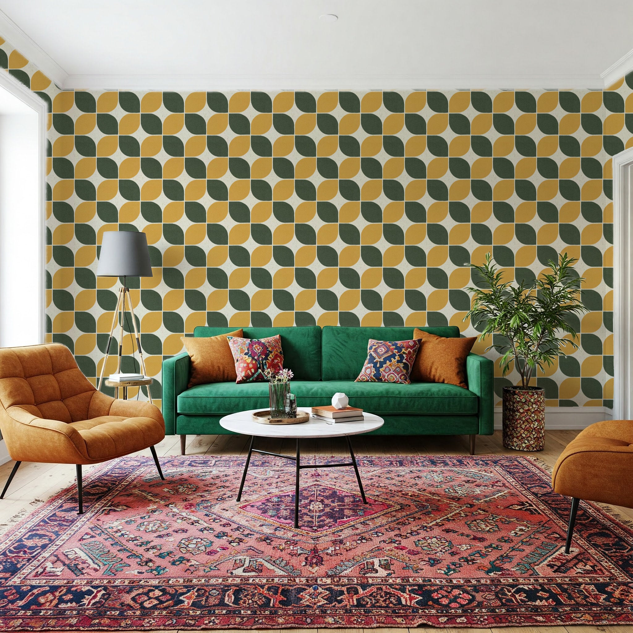 Retro geometric square wallpaper in avocado green and mustard yellow. This 1950s inspired straight match pattern offers an authentic vintage vibe for a mid-century modern kitchen or dining area.
