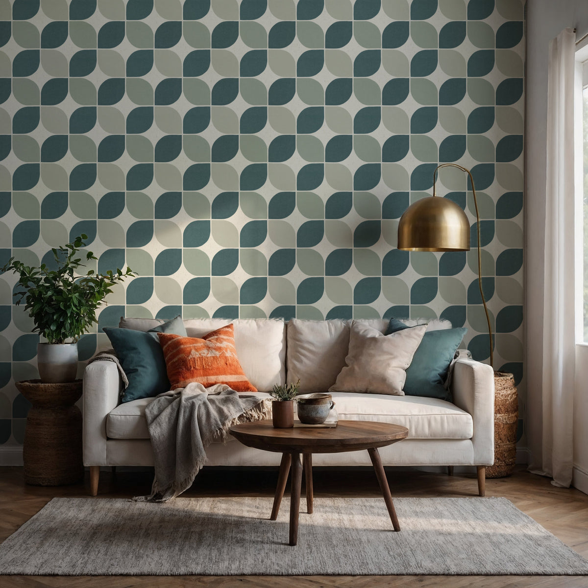 Retro square pattern wallpaper in teal and slate blue. This balanced mid-century modern geometric design offers a clean, architectural look for living rooms bedrooms or modern hallways.