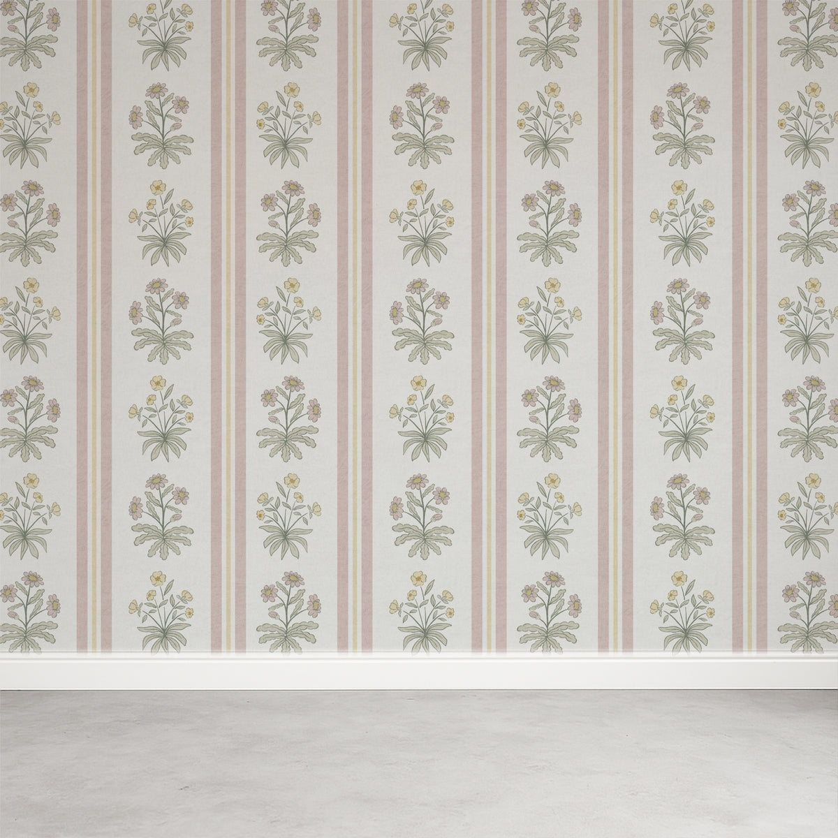 Pink and yellow floral striped wallpaper on a feature wall