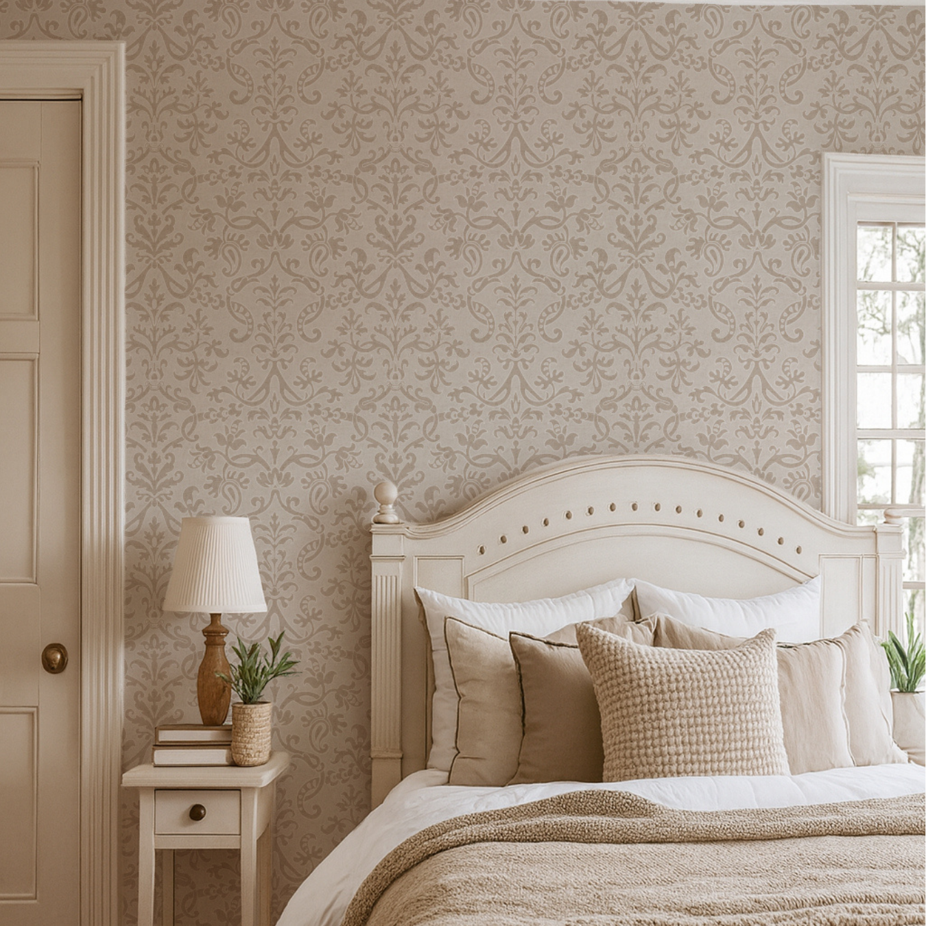 Bedroom with neutral Victorian floral damask wallpaper behind cream bed frame and layered neutral bedding.