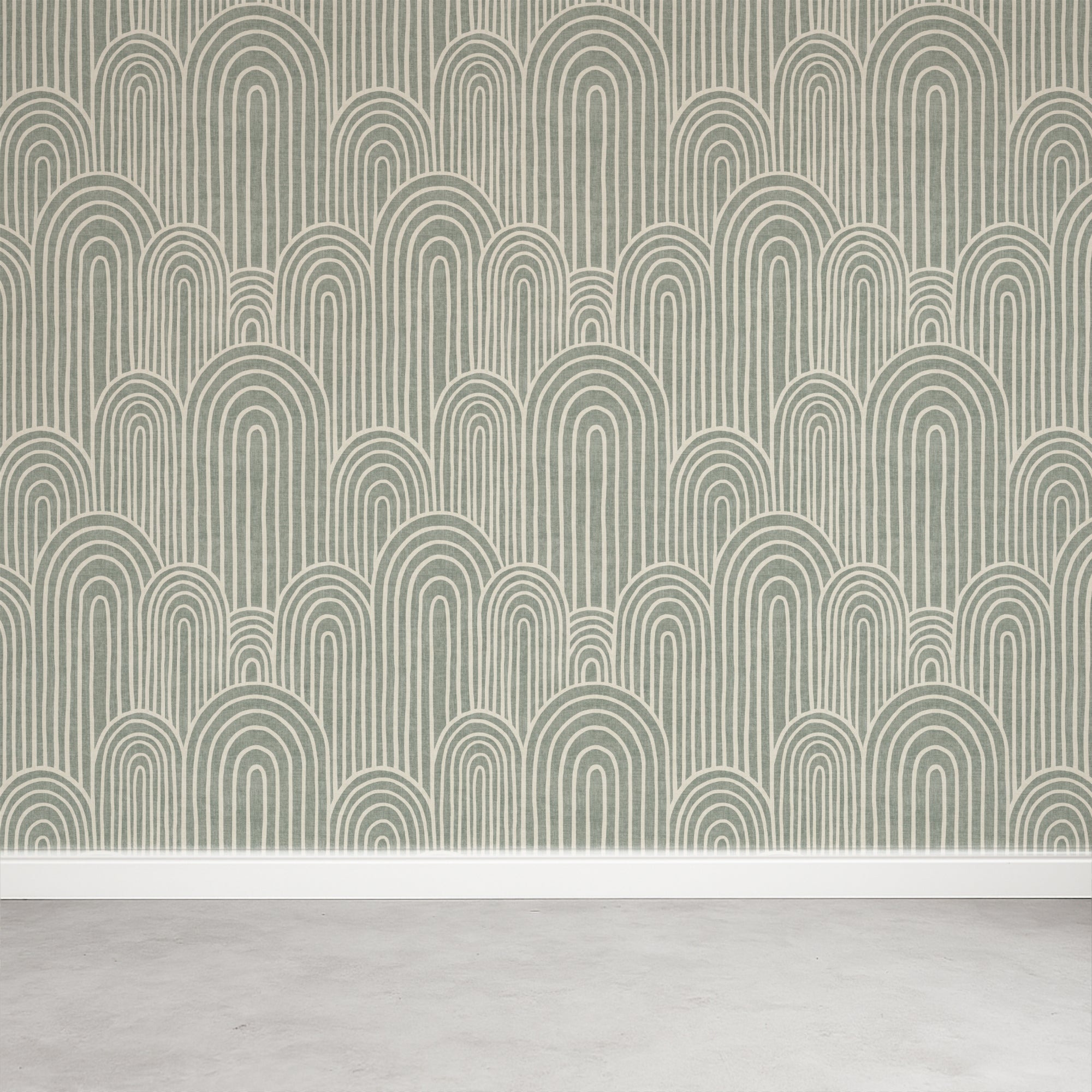 Sage green Scandinavian arches wallpaper on a feature wall