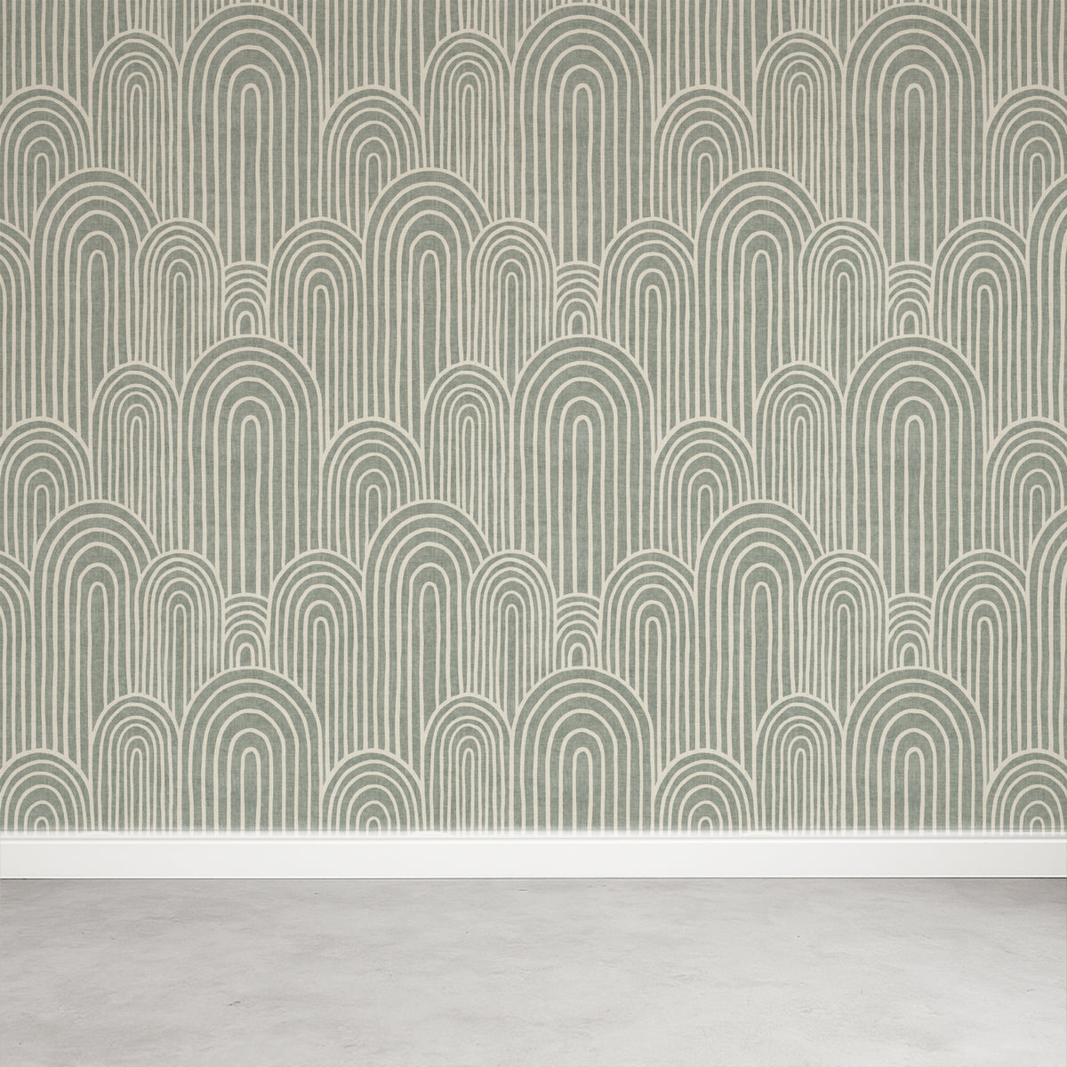 Sage green Scandinavian arches wallpaper on a feature wall
