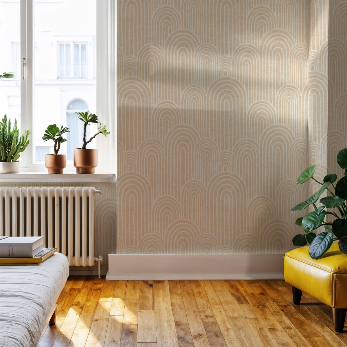 neutral Scandinavian arches wallpaper in a bright room with wooden floor and potted plant