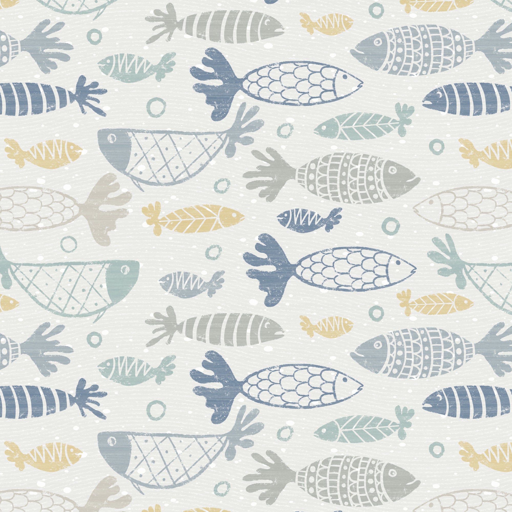 A close-up of multicolour school of fish wallpaper, its hand-drawn fish in blue, green, grey and mustard on a warm cream ground.
