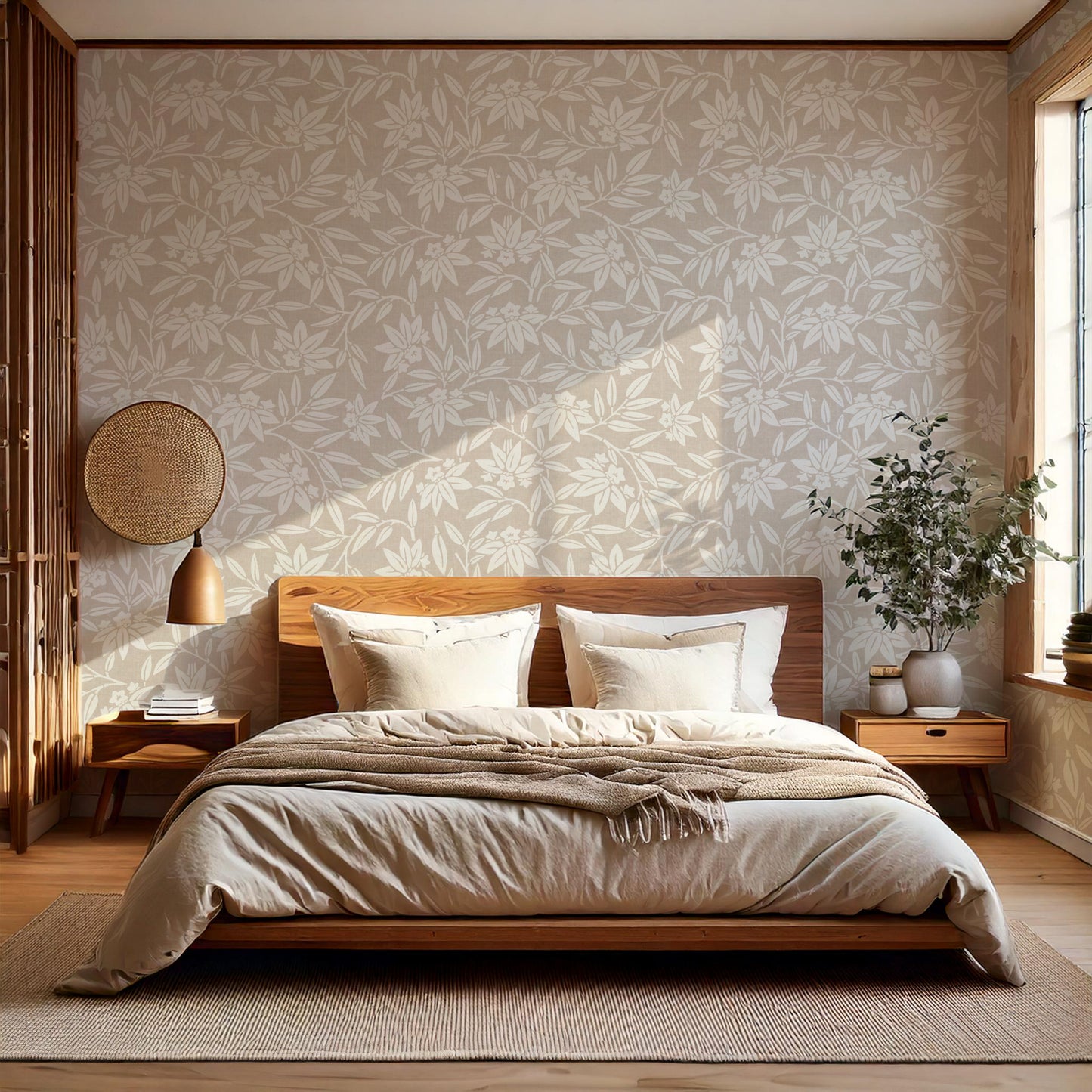 Bedroom with a rattan light fixture and taupe Japandi botanical wallpaper as the feature wall