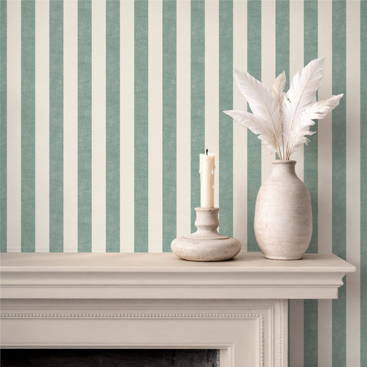 Wide stripe wallpaper in teal, styled with a fireplace mantel and white ceramics, scandi and Japandi interior