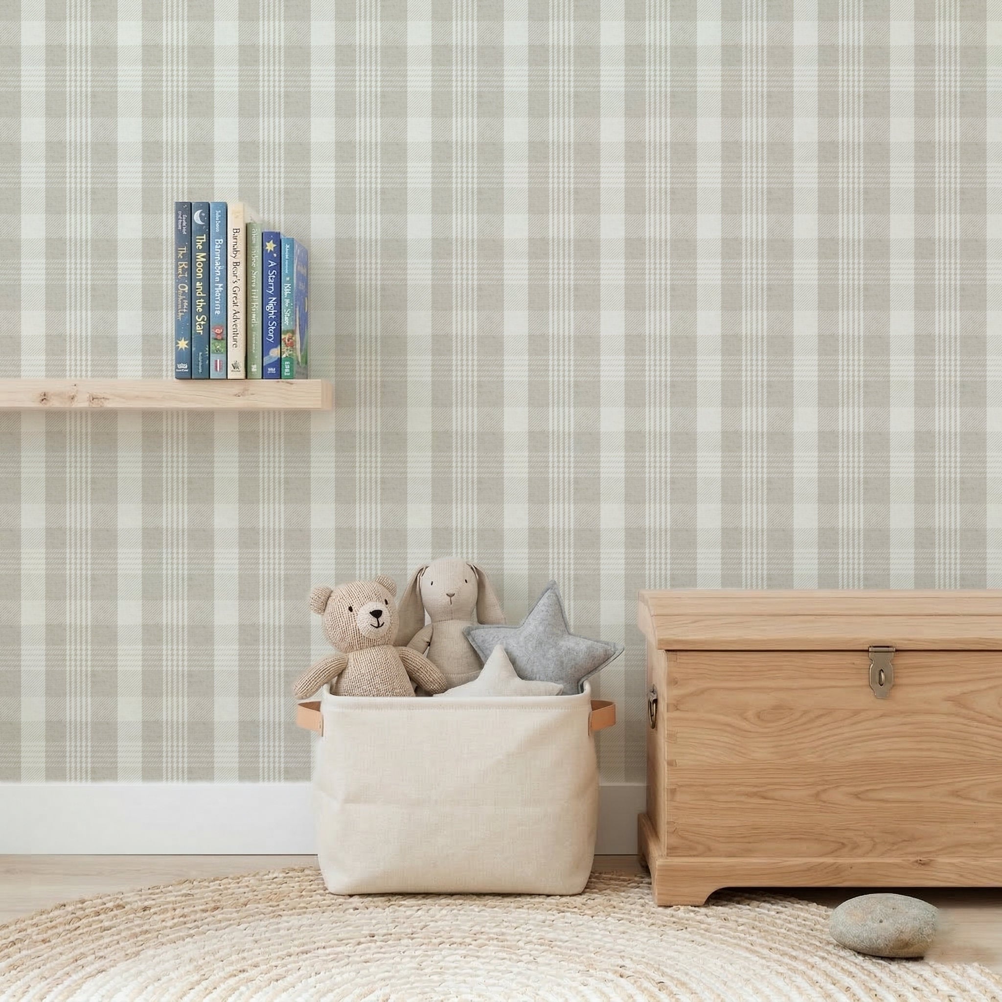 Neutral beige plaid wallpaper in nursery with wooden chest and soft toys