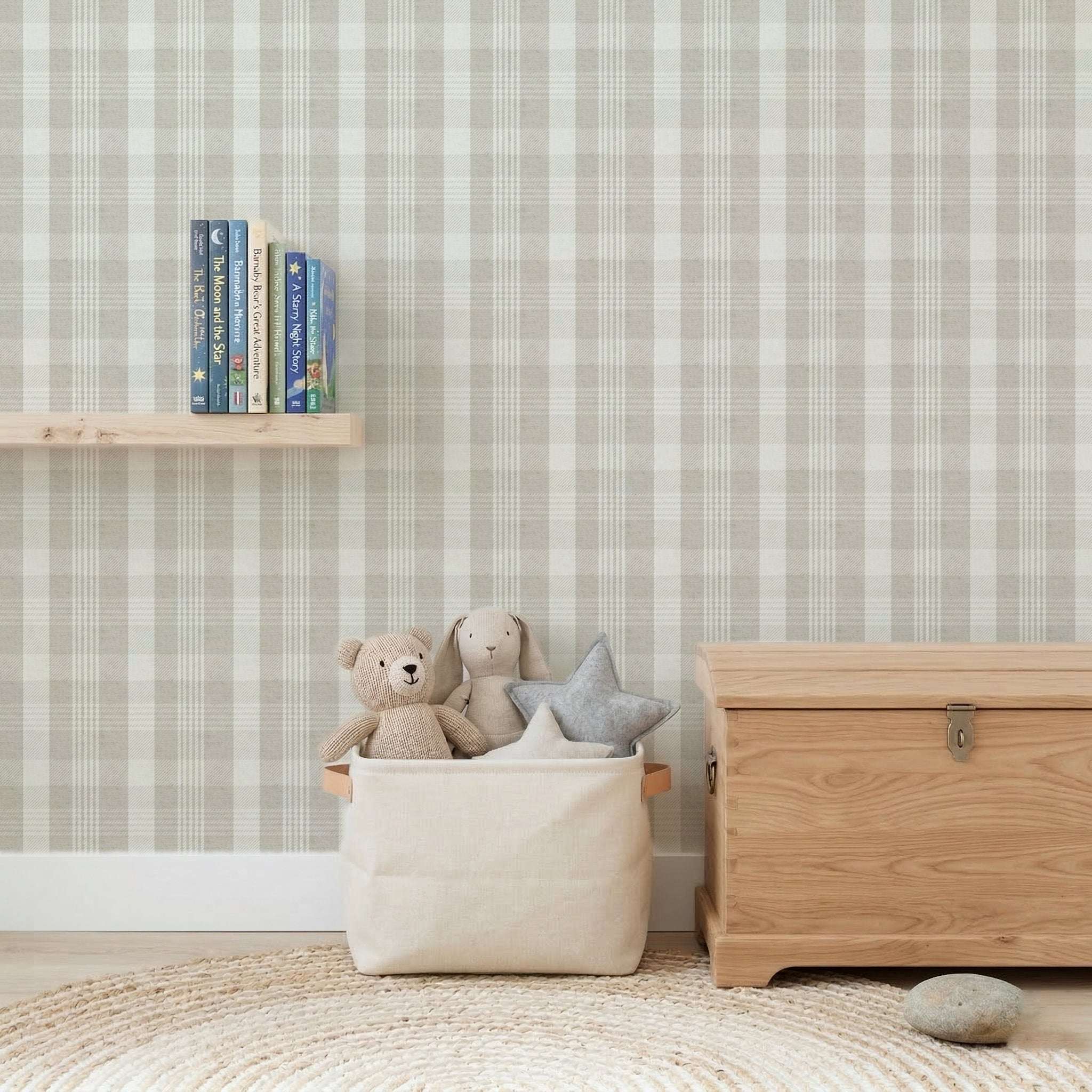Neutral pastel Plaid wallpaper with soft check and tartan pattern in light beige and cream