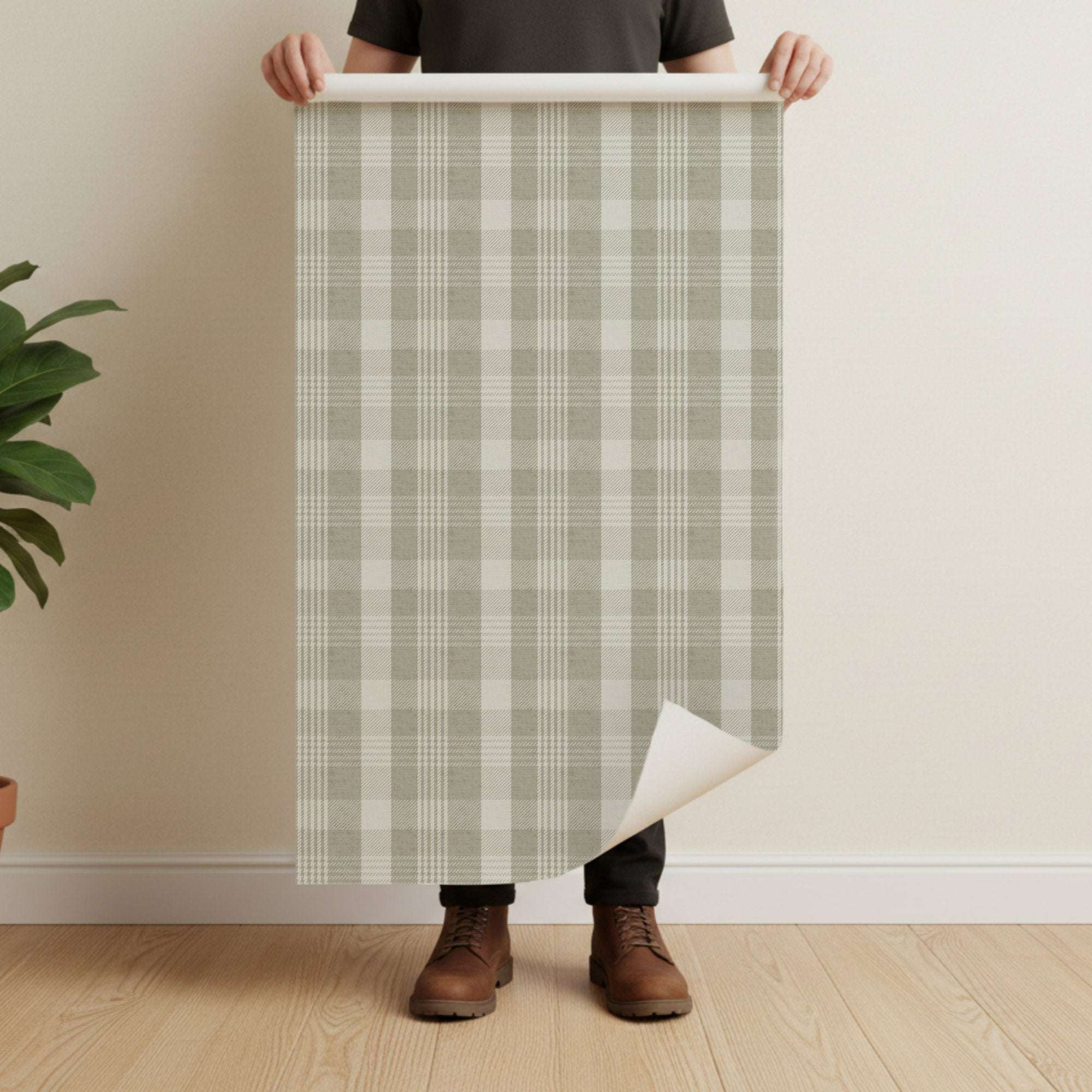 Pastel Plaid wallpaper peel-and-stick panel, soft check tartan in sage and cream